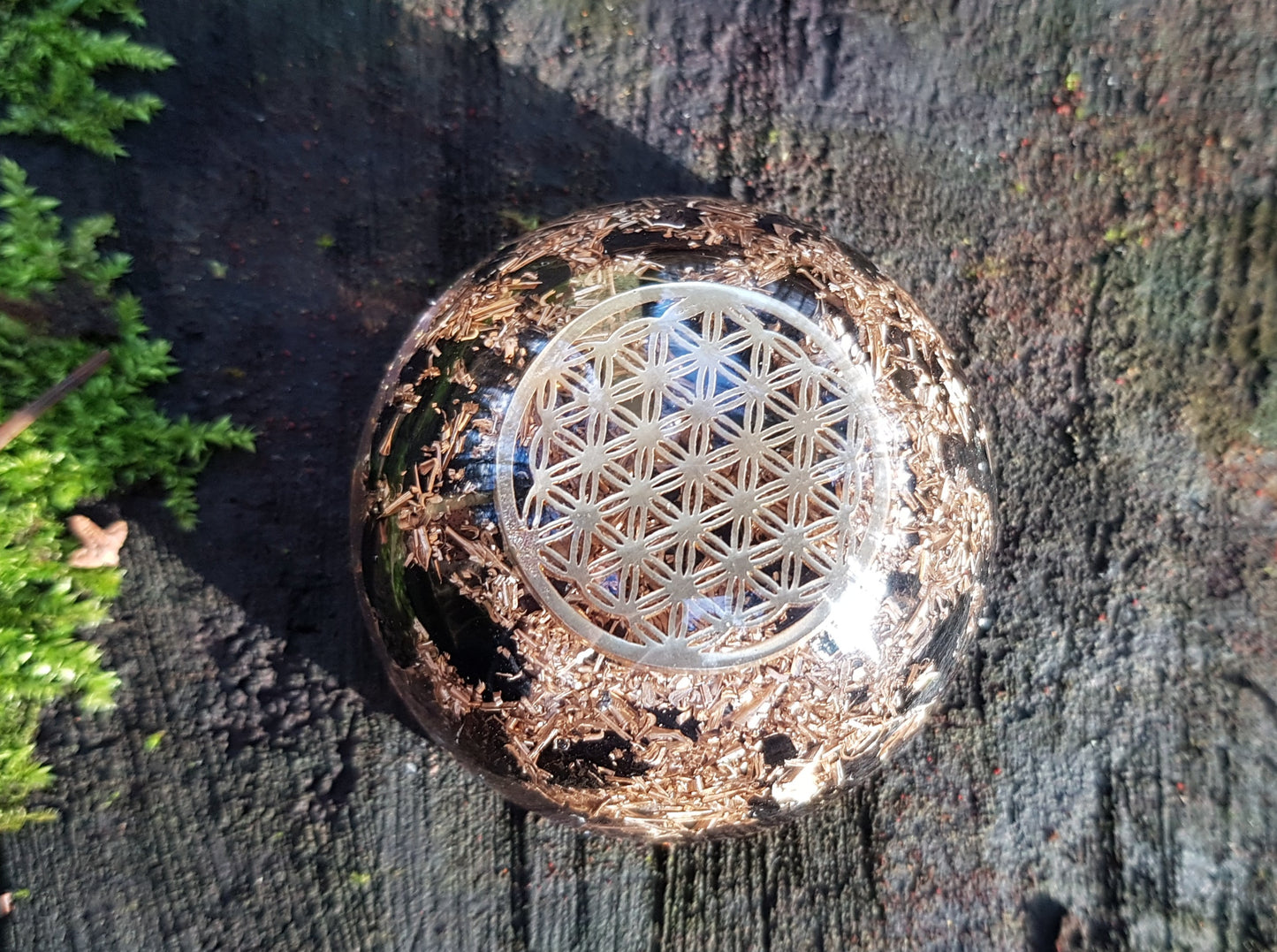 Pocket Orgonite orgone dome hemisphere, Black tourmaline, flower of life, EMF protection