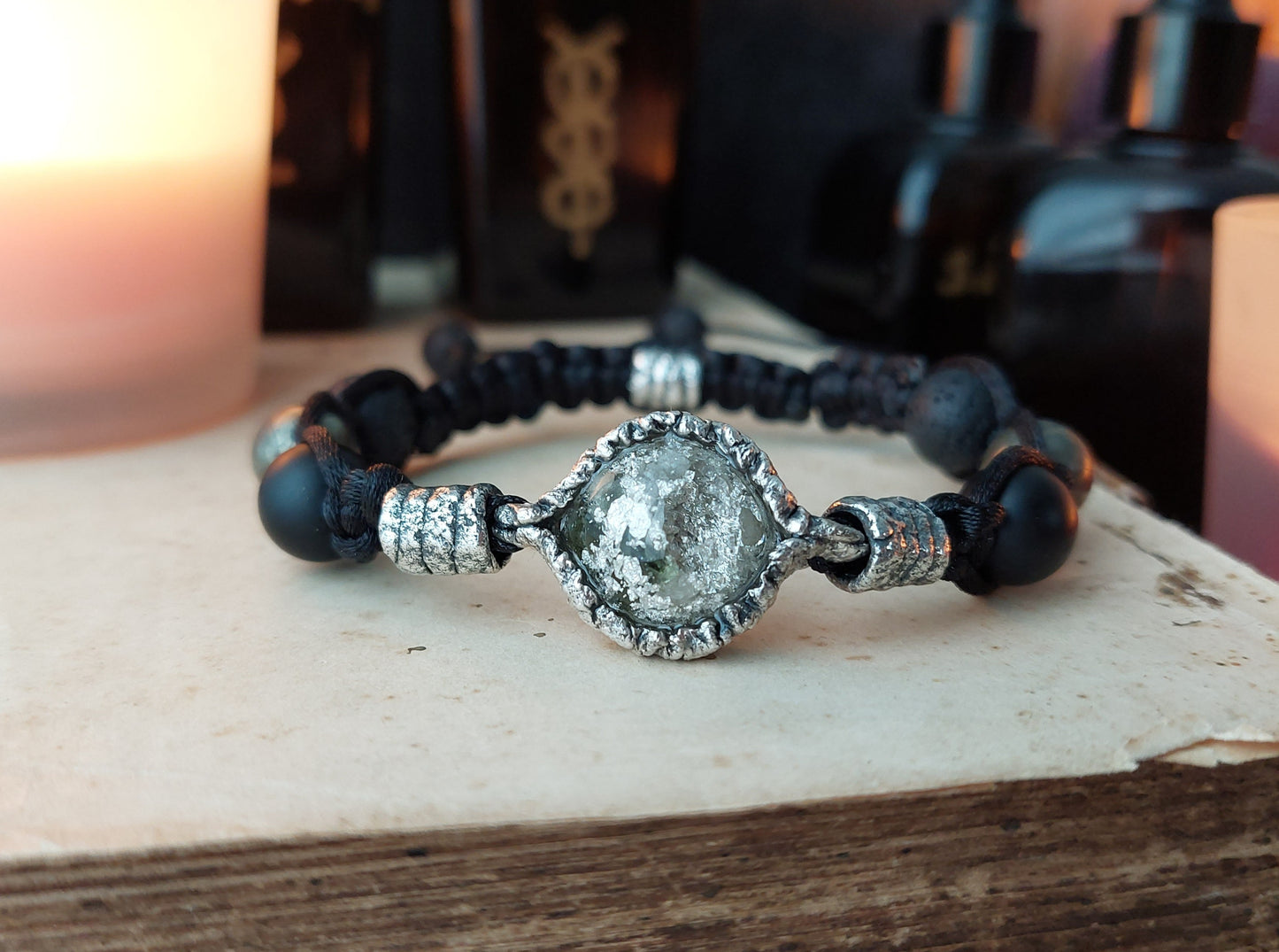 Shamballa orgonite bracelet, Moldavite, diamonds, herkimer, Onyx, pyrite,silver