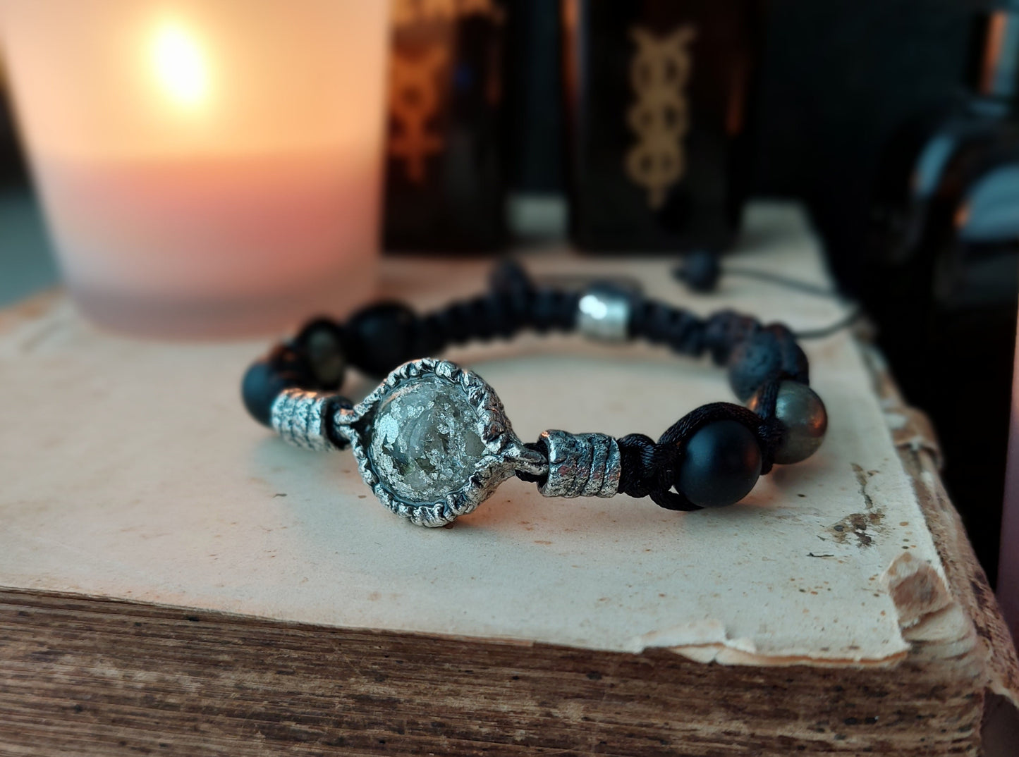 Shamballa orgonite bracelet, Moldavite, diamonds, herkimer, Onyx, pyrite,silver