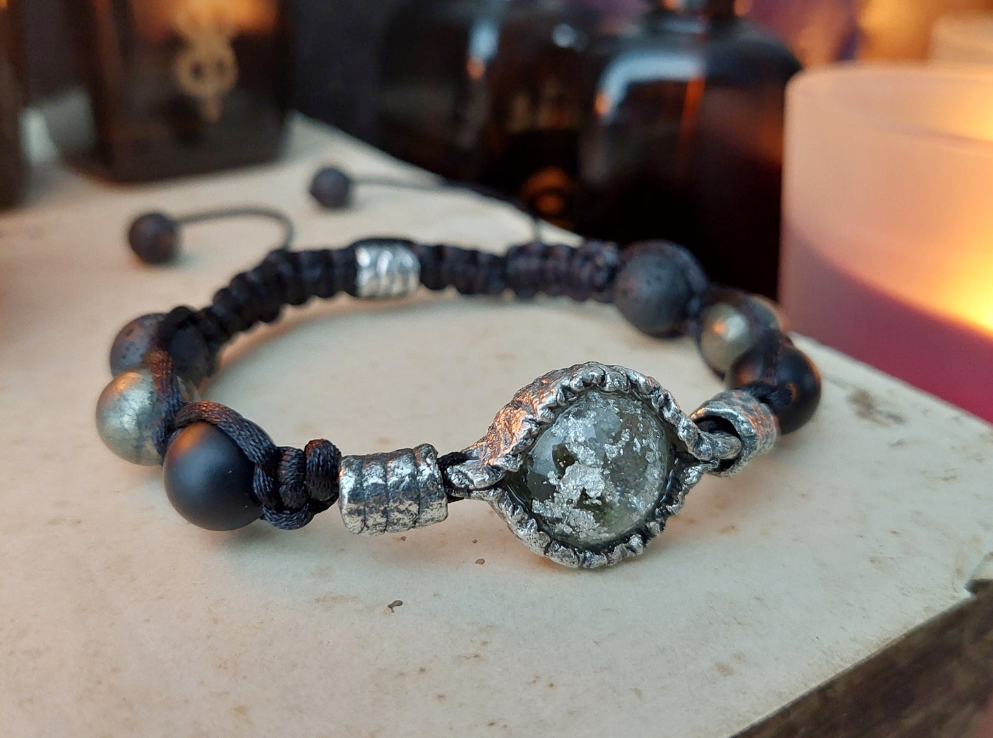 Shamballa orgonite bracelet, Moldavite, diamonds, herkimer, Onyx, pyrite,silver
