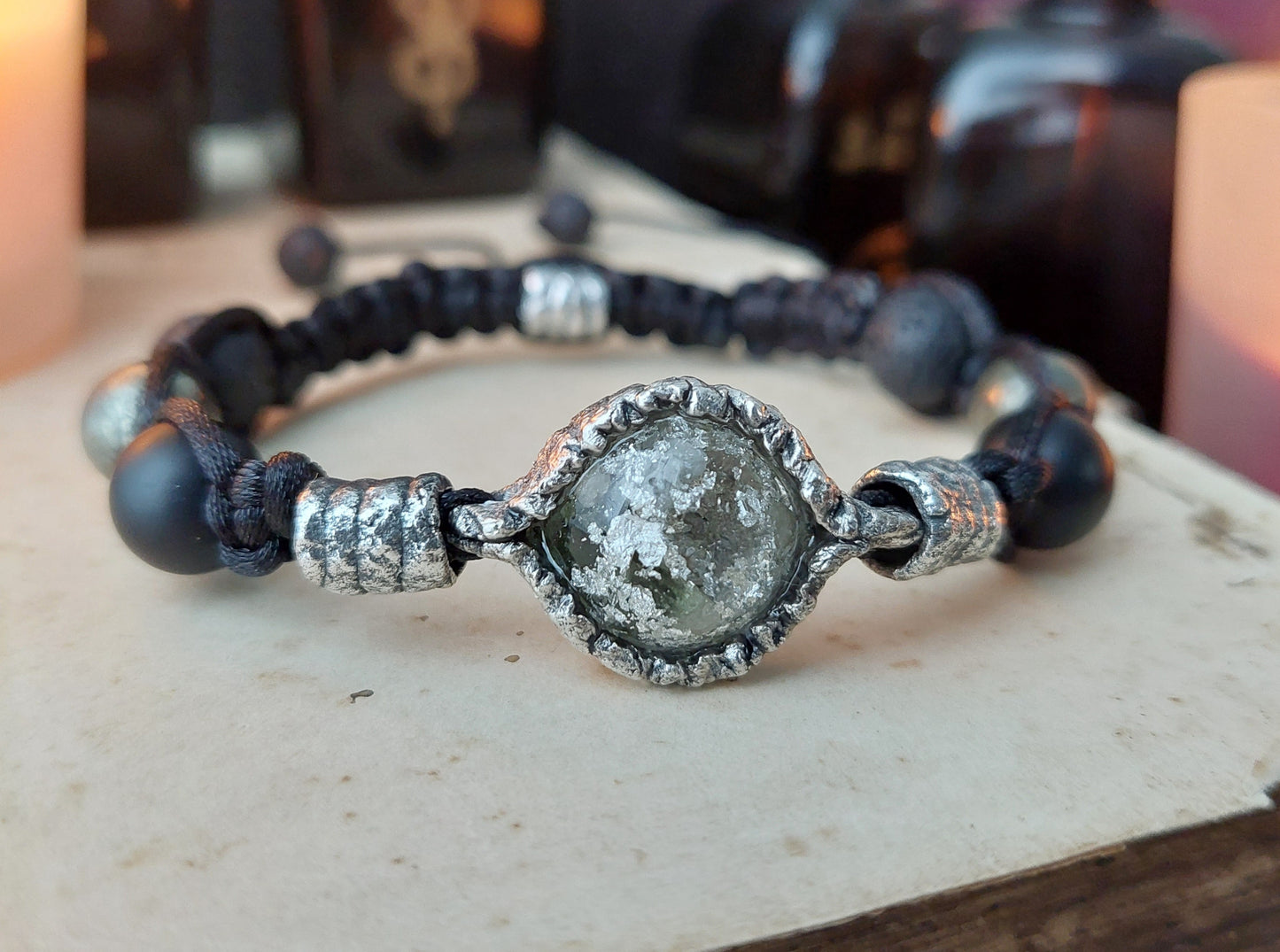 Shamballa orgonite bracelet, Moldavite, diamonds, herkimer, Onyx, pyrite,silver