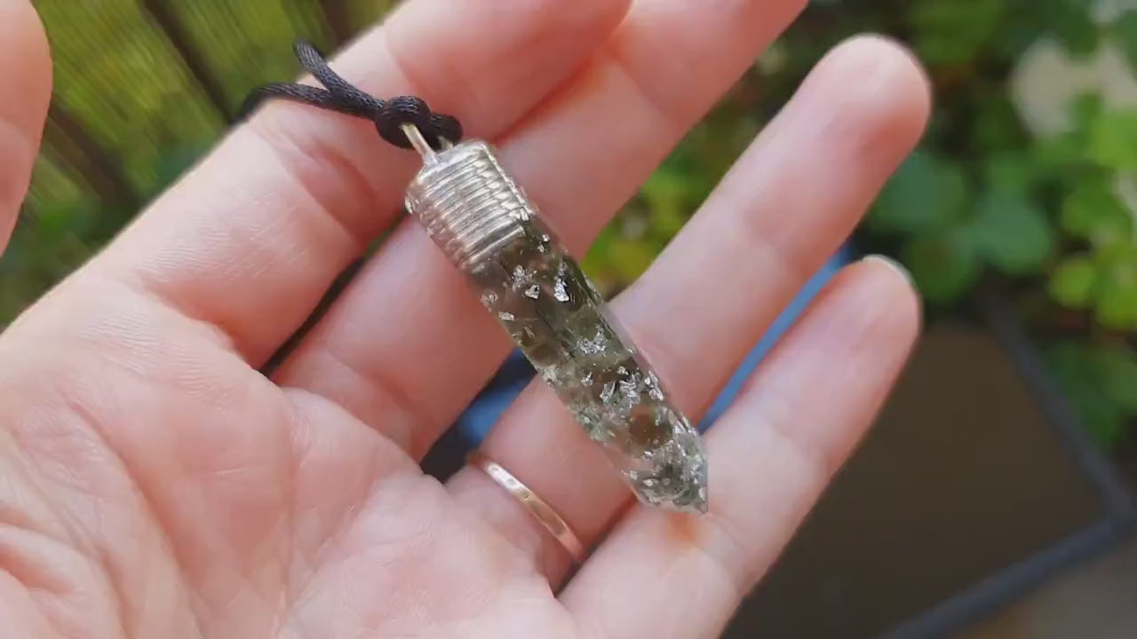 Orgonite pendant, Czech Moldavite silver orgone necklace, Reiki amulet, chakra healing, third eye opening, powerful