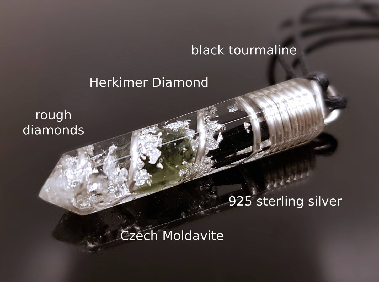 Colgante de orgonita con la combinación más poderosa: plata, turmalina negra, diamantes, herkimer, moldavita