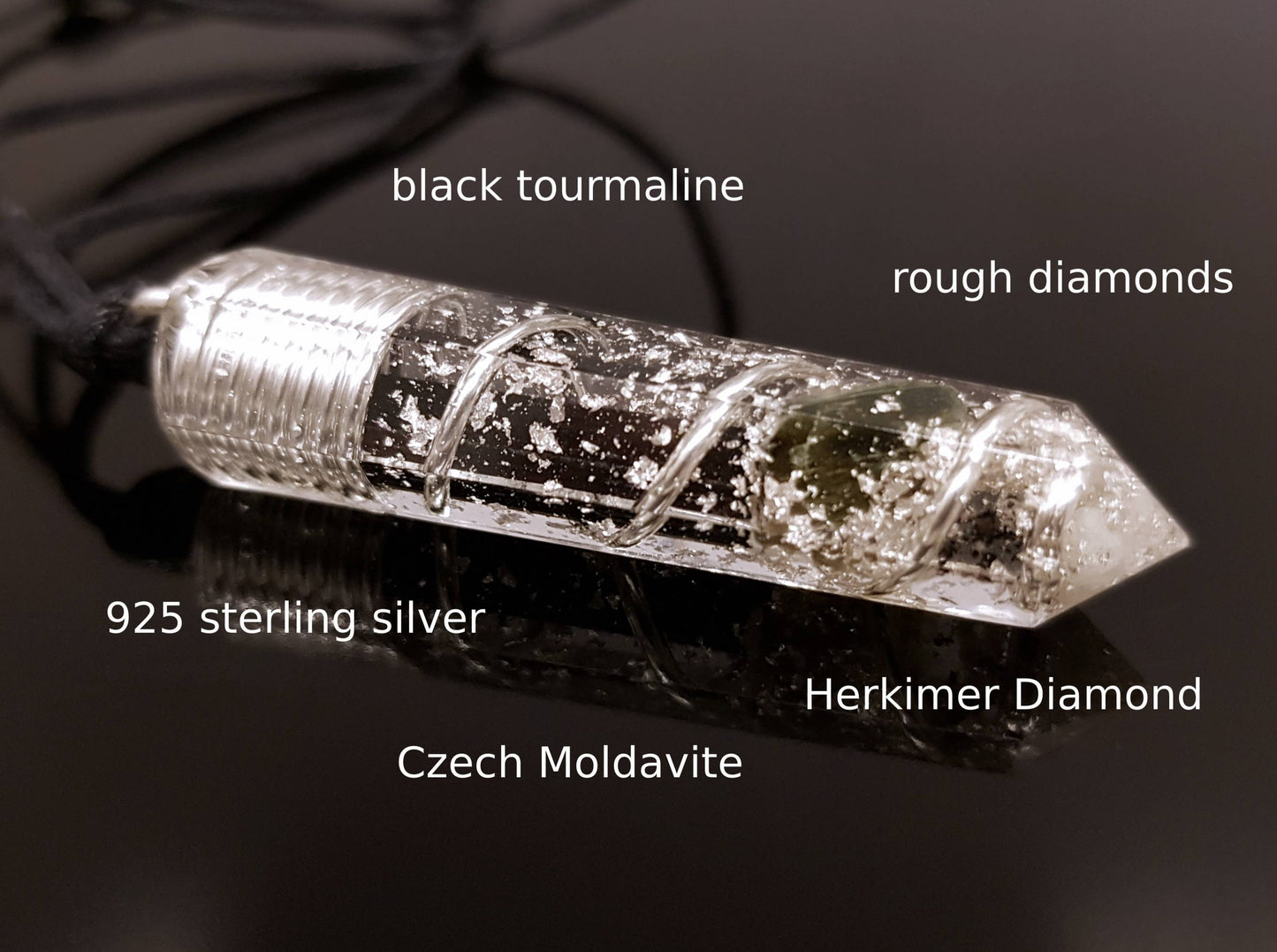 Colgante de orgonita con la combinación más poderosa: plata, turmalina negra, diamantes, herkimer, moldavita