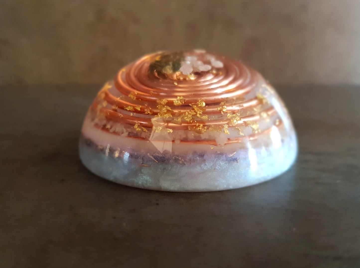 Orgonite dome, hemisphere with powerful crystals, moldavite, glow in the dark and vortex coil