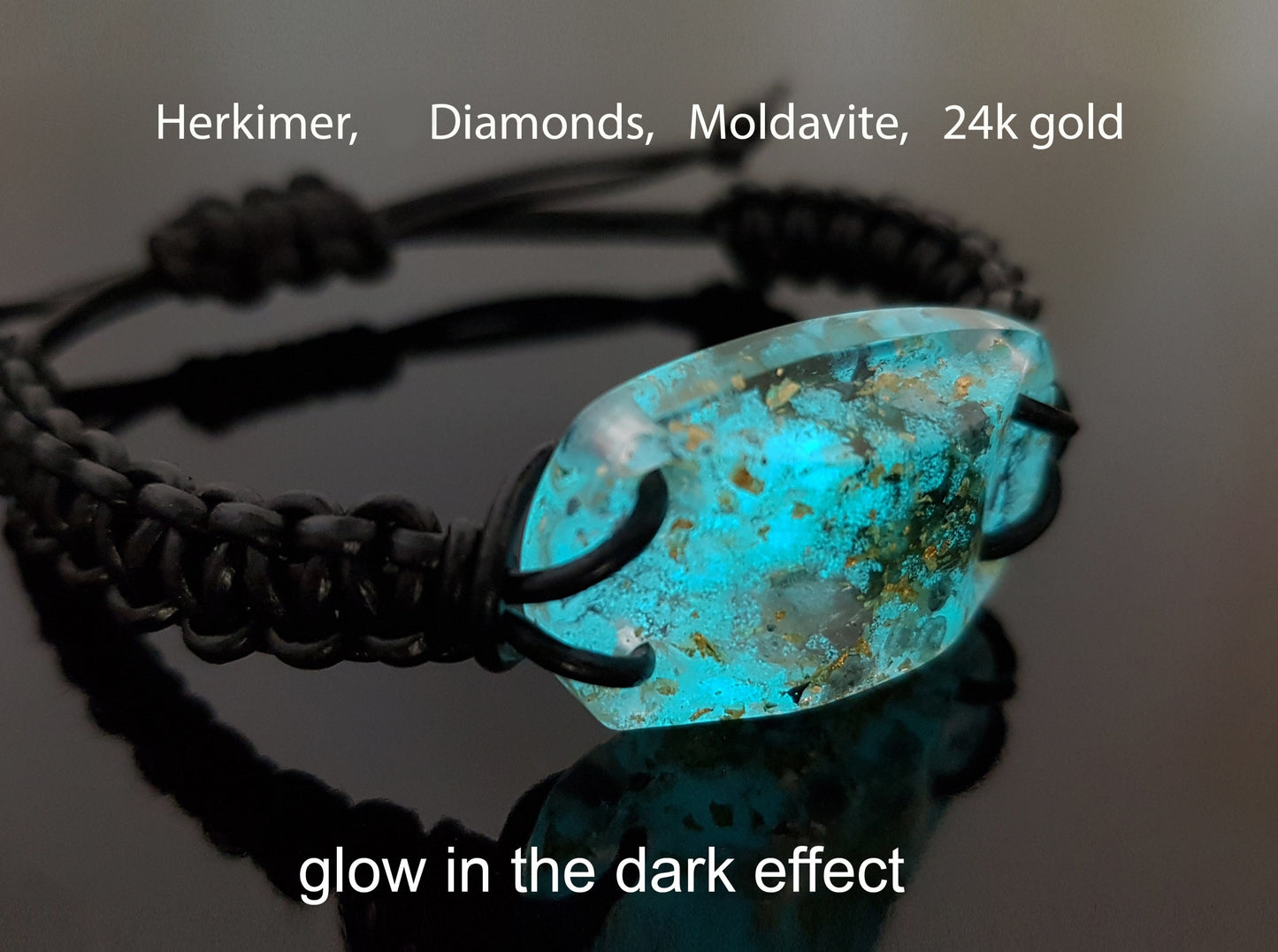 Orgonite bracelet, Most powerful, 24k gold, Diamonds, Herkimer, Moldavite, glow in the dark