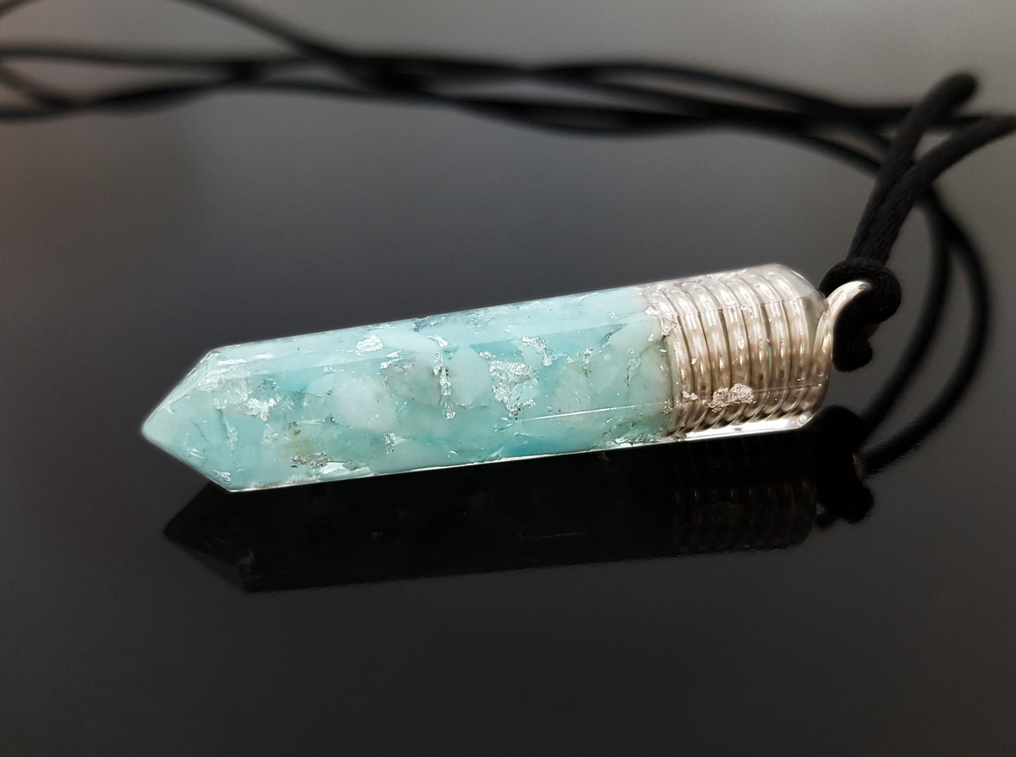 Aquamarine Orgone Orgonite pendant necklace, Reiki infused crystal chakra healing amulet