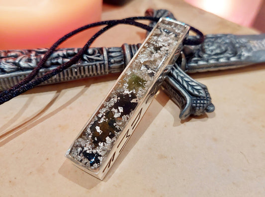 Orgonite pendant amulet for Wealth, Money and Spiritual growth - Moldavite, Nuummite, Saffordite, Herkimer, diamonds, runes