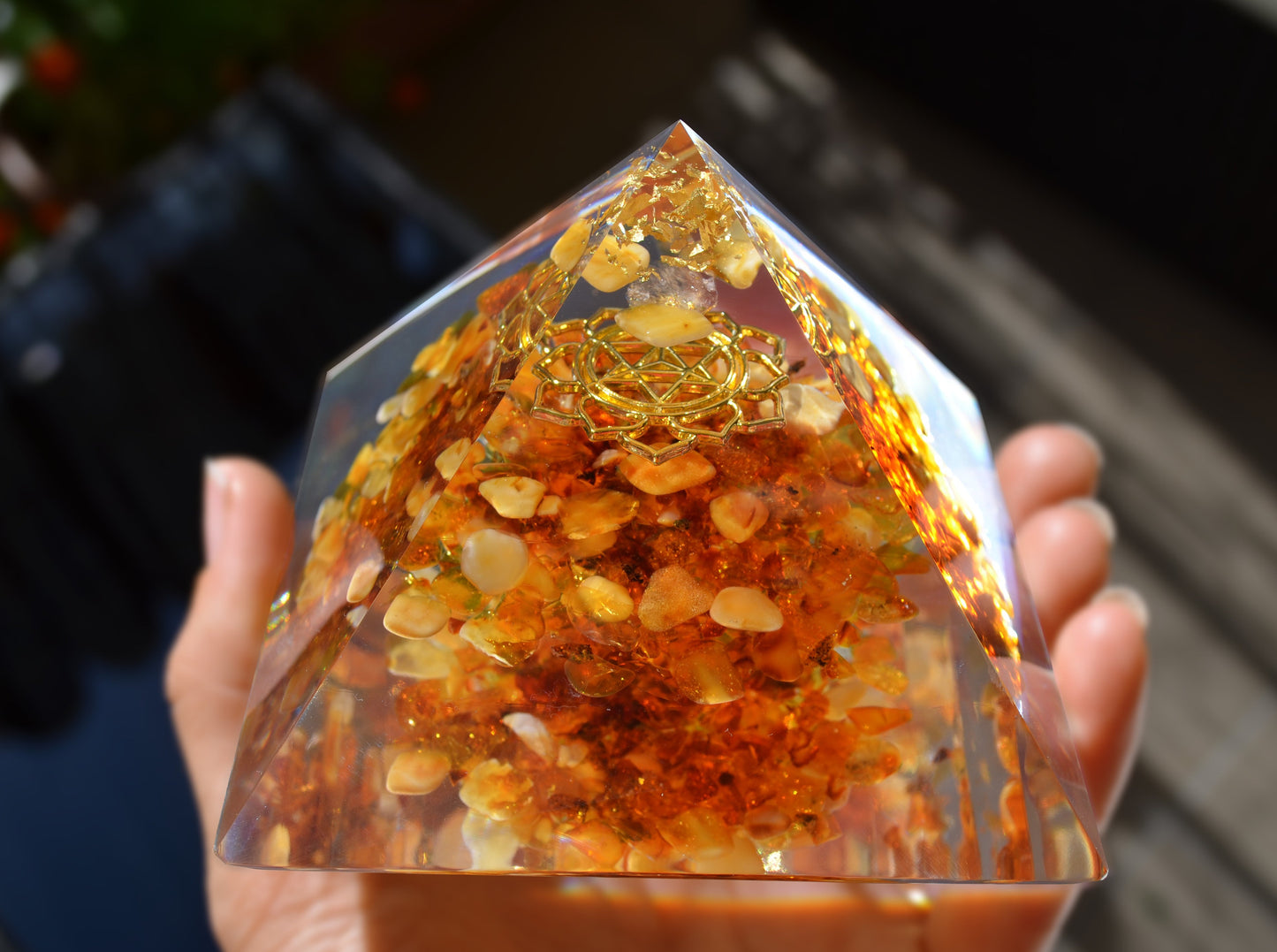 Orgonite Pyramid with Baltic Amber, pakimer, Merkaba