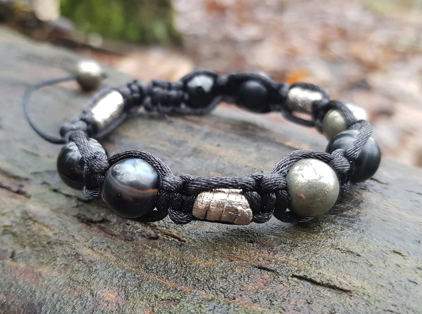Shamballa bracelet, black agate onyx, pyrite, 99.9 pure silver beads, programmed amulet, charm