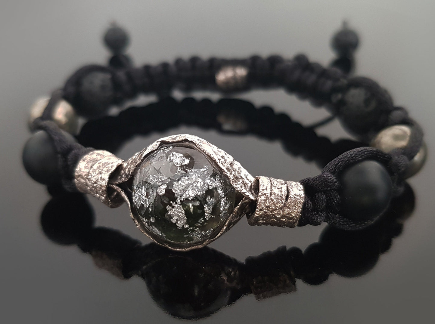 Shamballa orgonite bracelet, Moldavite, diamonds, herkimer, Onyx, pyrite,silver
