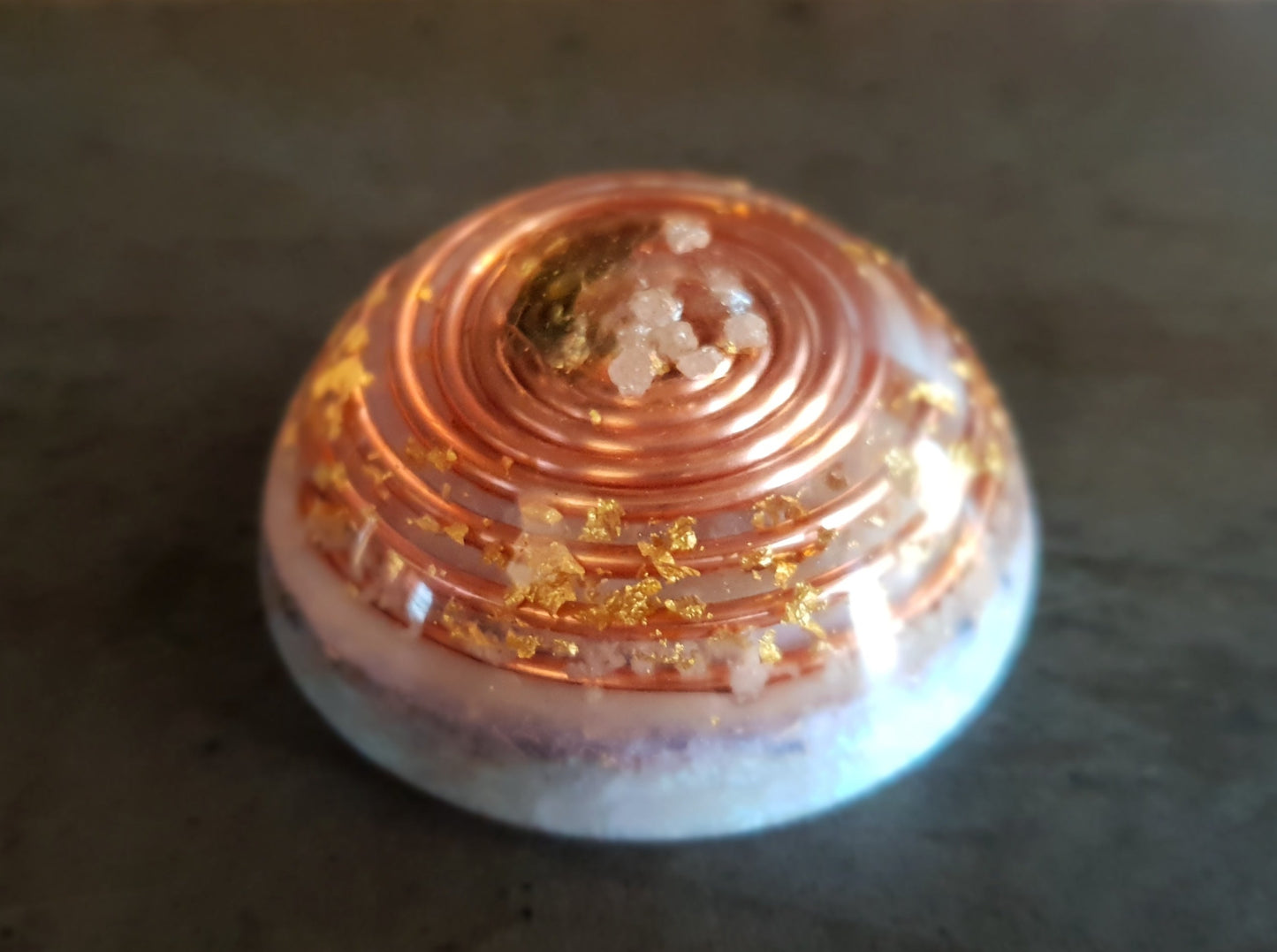 Orgonite dome, hemisphere with powerful crystals, moldavite, glow in the dark and vortex coil