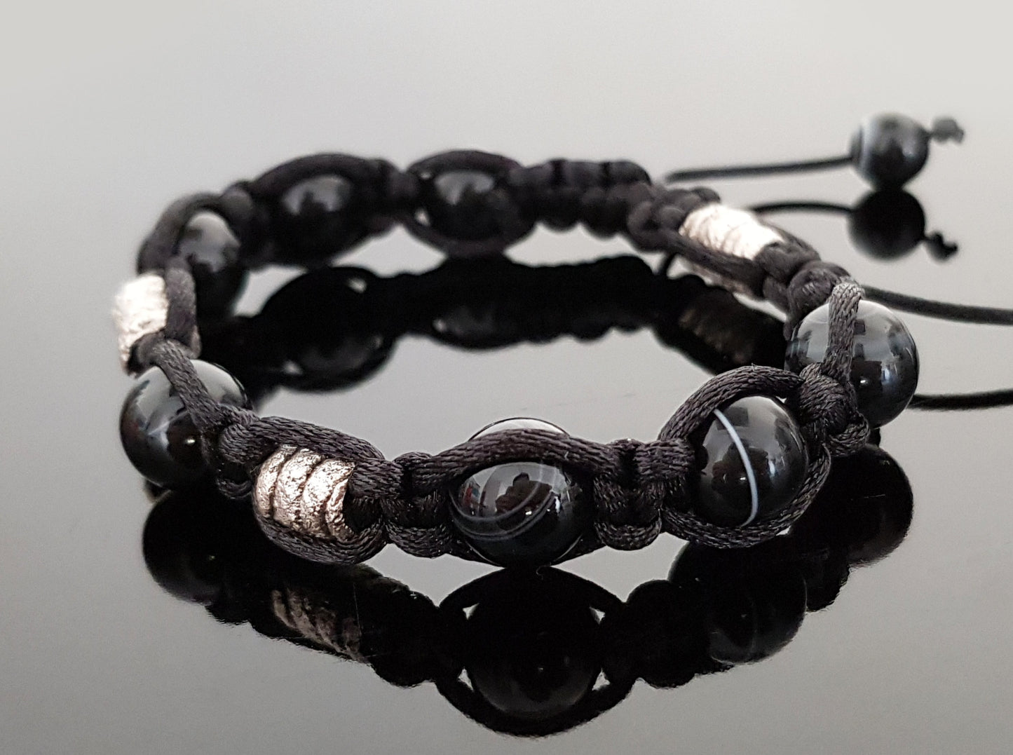 Shamballa bracelet, black agate onyx, 99.9 pure silver, programmed amulet charm