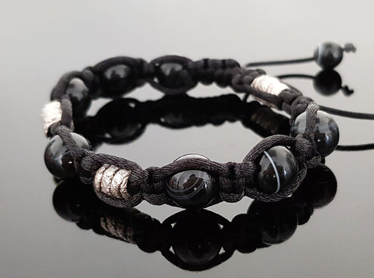 Shamballa bracelet, black agate onyx, 99.9 pure silver, programmed amulet charm