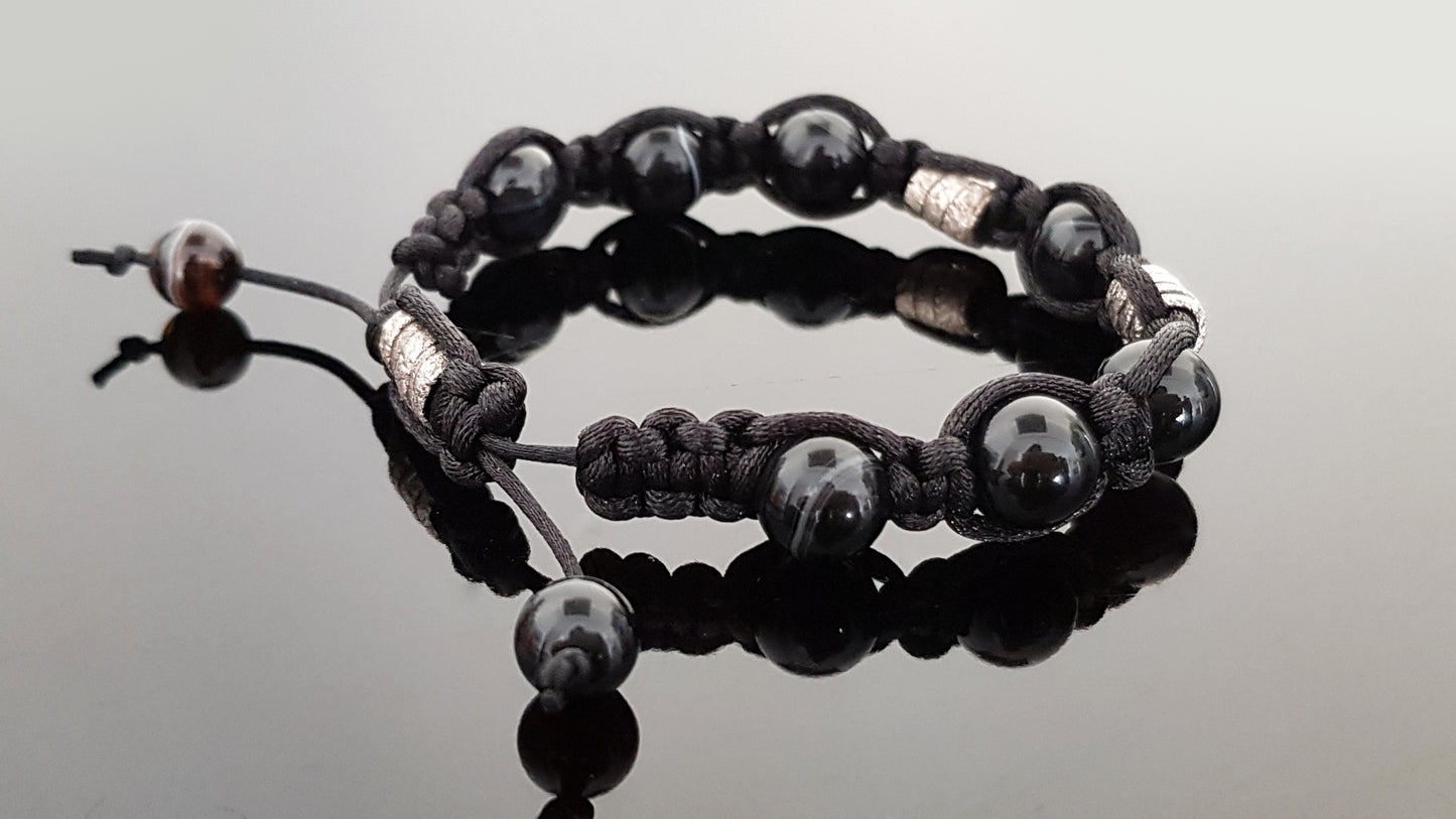 Shamballa bracelet, black agate onyx, 99.9 pure silver, programmed amulet charm