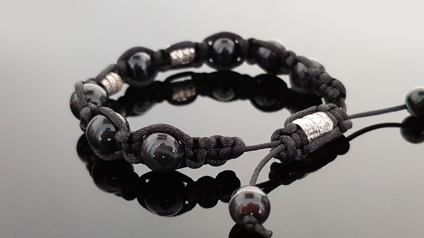 Shamballa bracelet, black agate onyx, 99.9 pure silver, programmed amulet charm