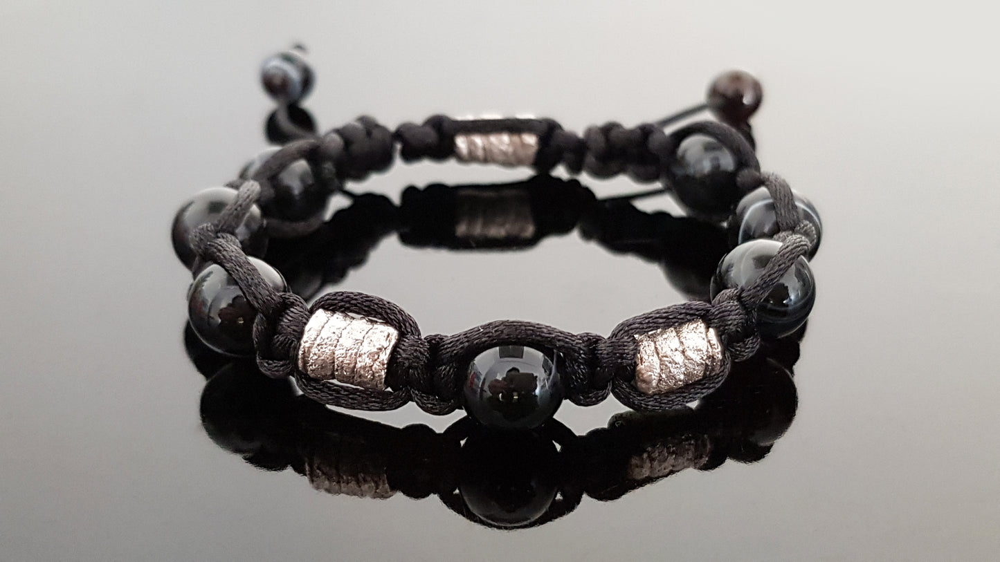 Shamballa bracelet, black agate onyx, 99.9 pure silver, programmed amulet charm