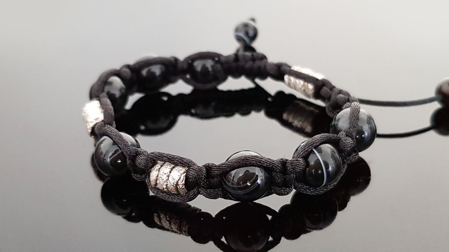 Shamballa bracelet, black agate onyx, 99.9 pure silver, programmed amulet charm