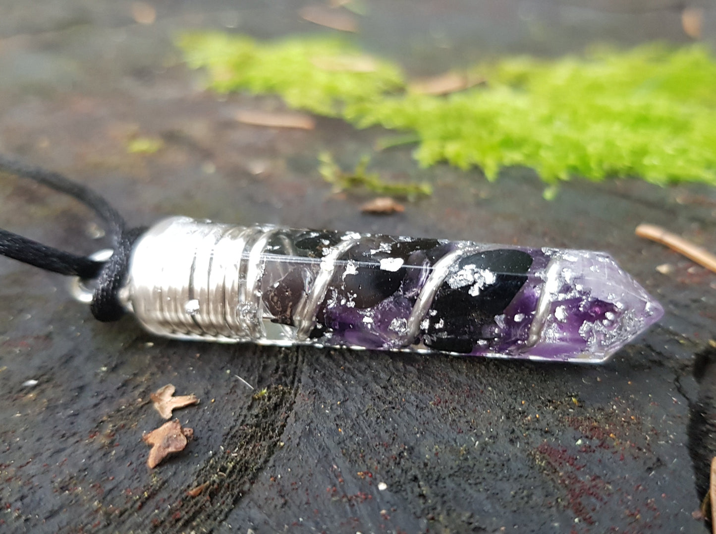 Collar colgante Orgonita Orgone, Turmalina Negra, Amatista, plata - amuleto programado, curación de cristales Reiki, protección EMF