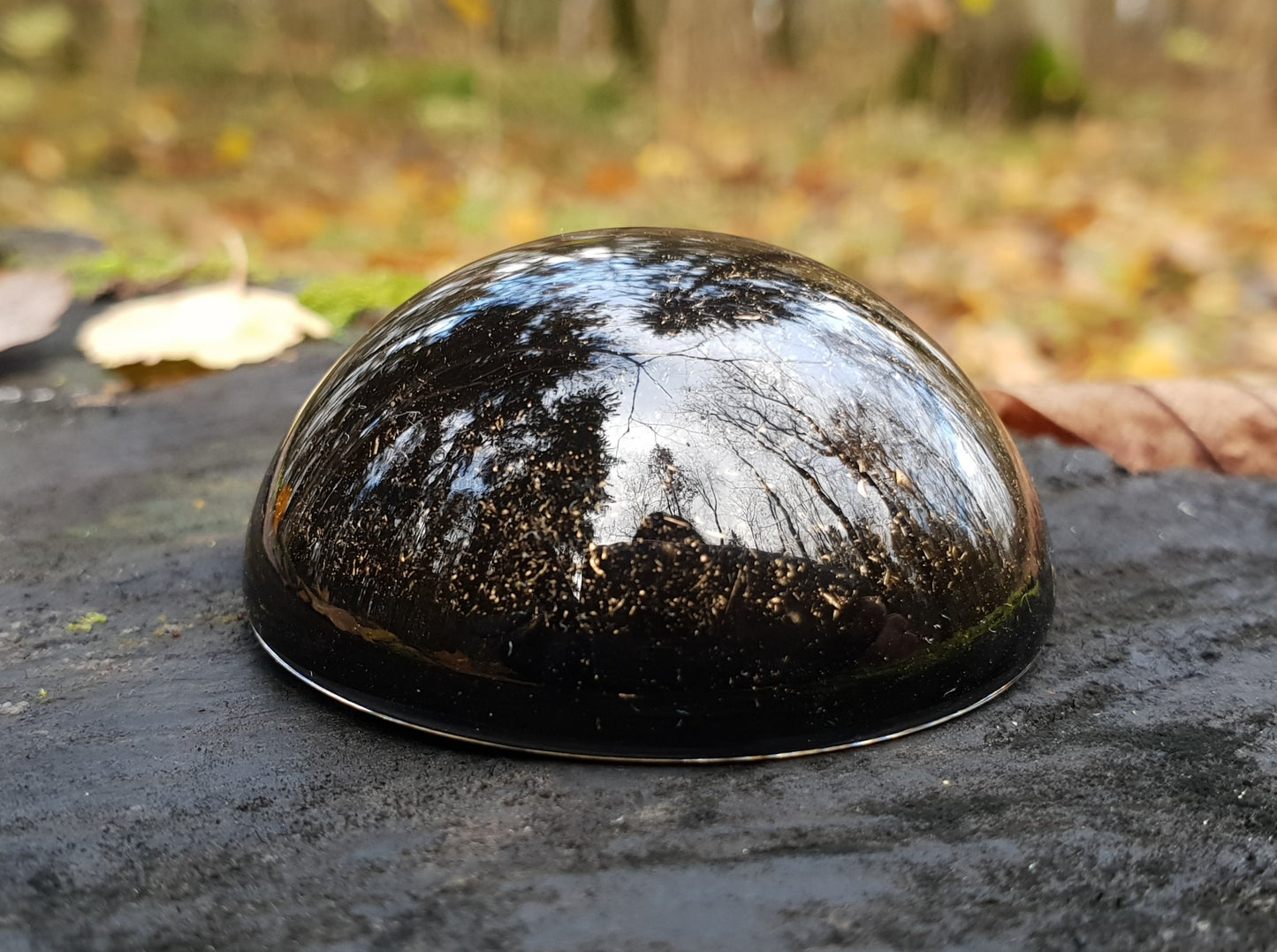 Black Sun pocket Orgonite orgone dome / hemisphere. Black tourmaline, Elite Shungite, brass. EMF protection