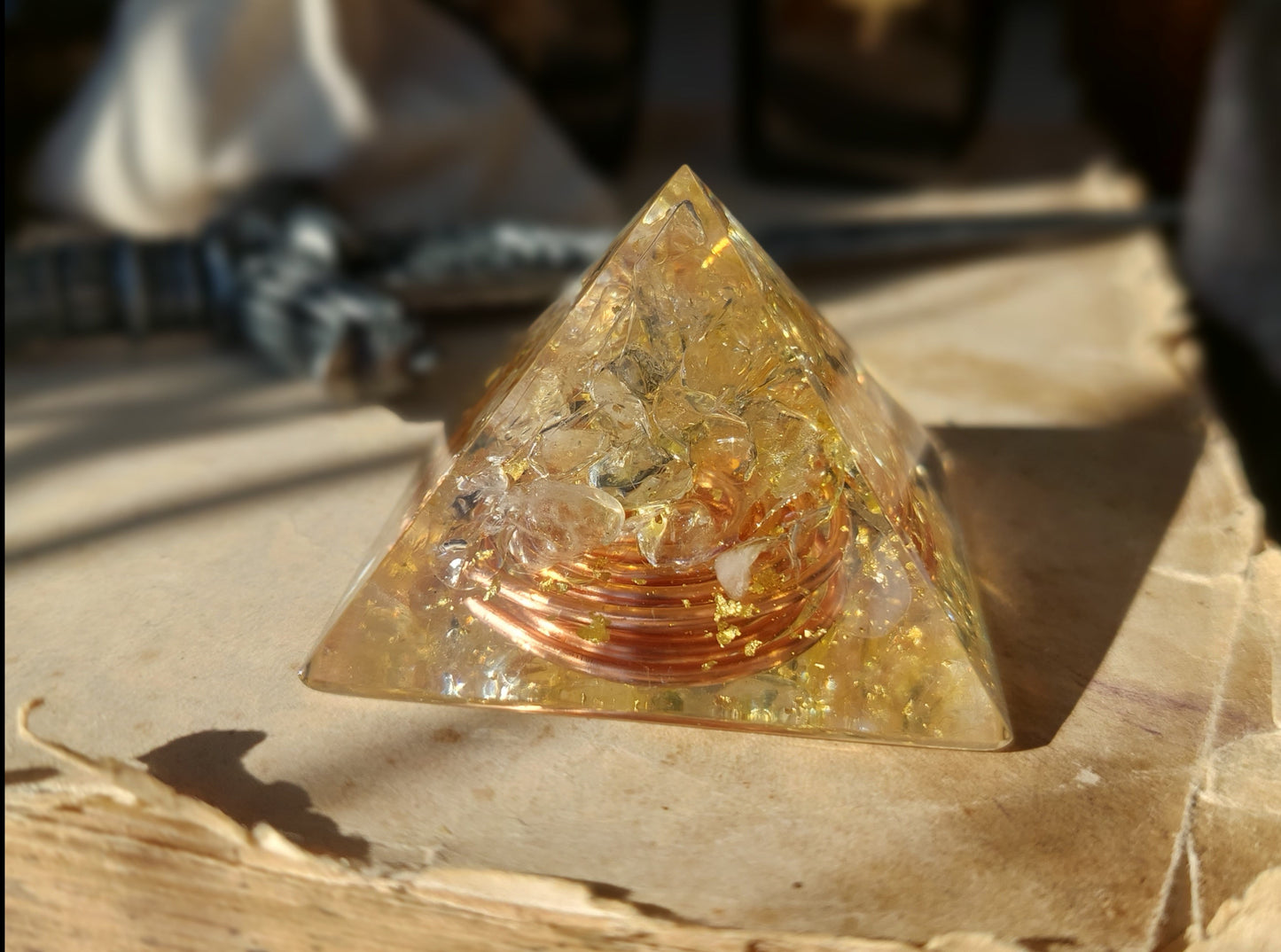 Orgonite Pyramid, Citrine - joy, money, energy, reiki healing, meditation, Reiki programmed amulet charm