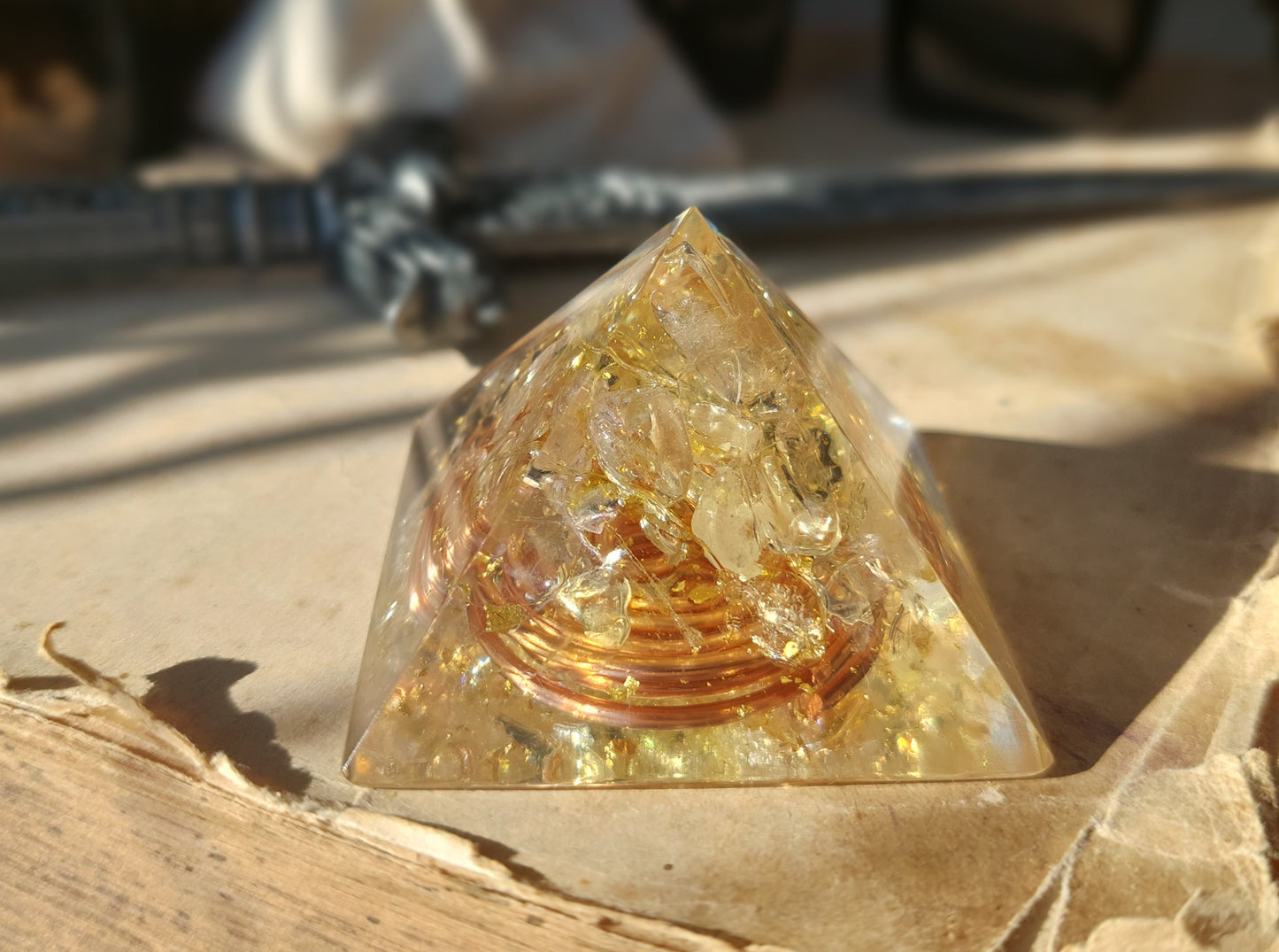 Orgonite Pyramid, Citrine - joy, money, energy, reiki healing, meditation, Reiki programmed amulet charm