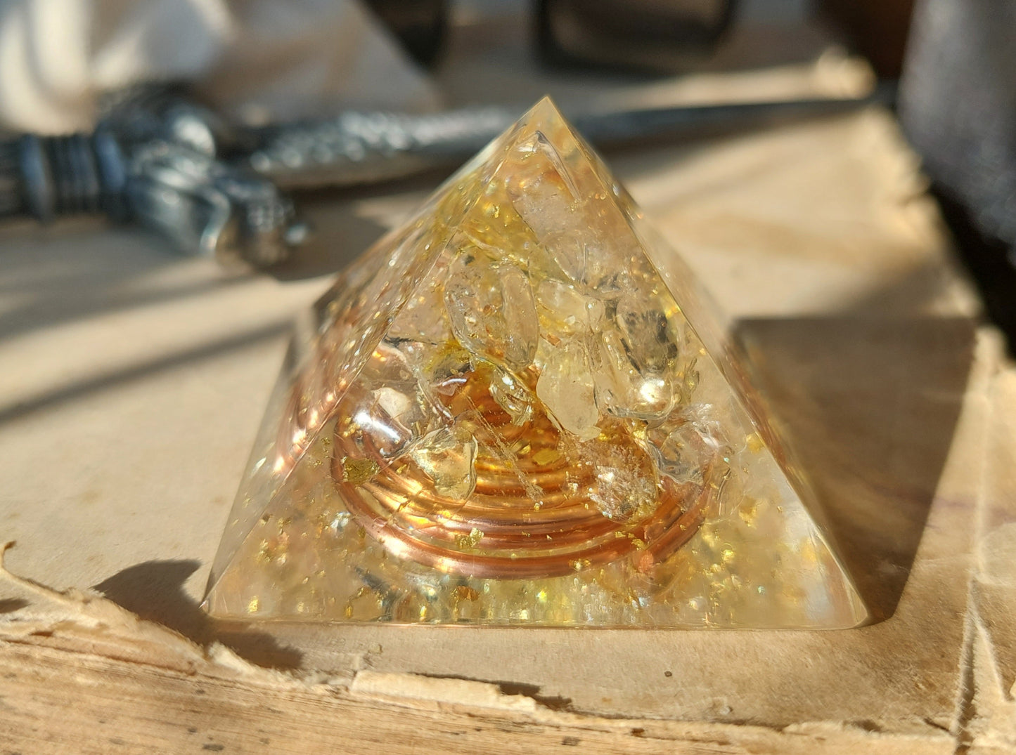 Orgonite Pyramid, Citrine - joy, money, energy, reiki healing, meditation, Reiki programmed amulet charm