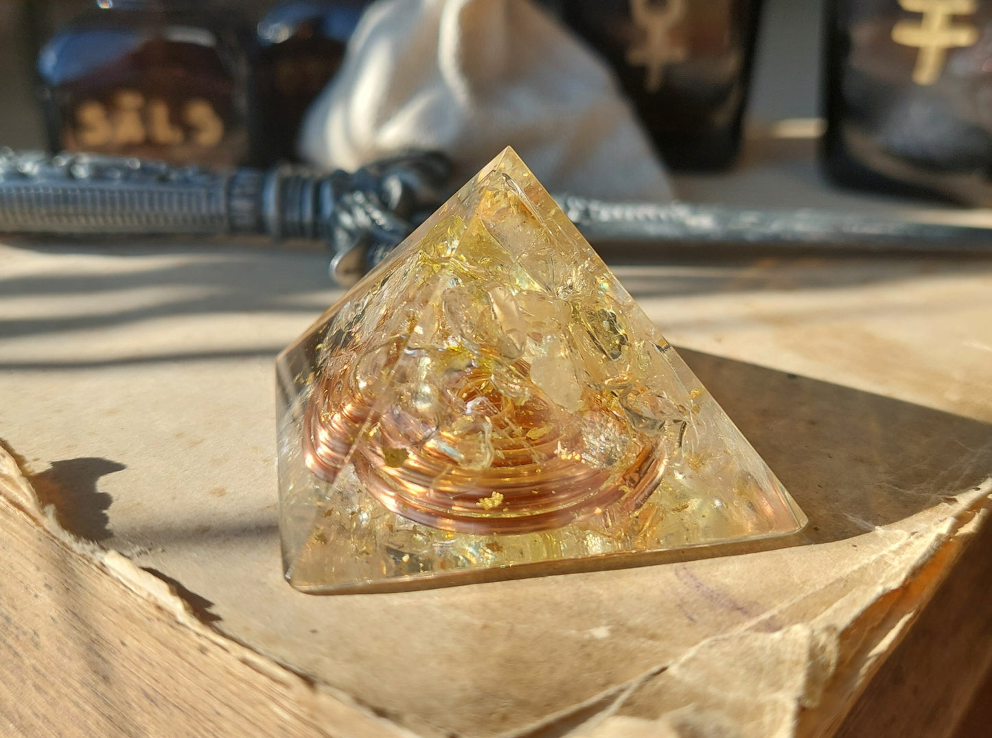 Orgonite Pyramid, Citrine - joy, money, energy, reiki healing, meditation, Reiki programmed amulet charm