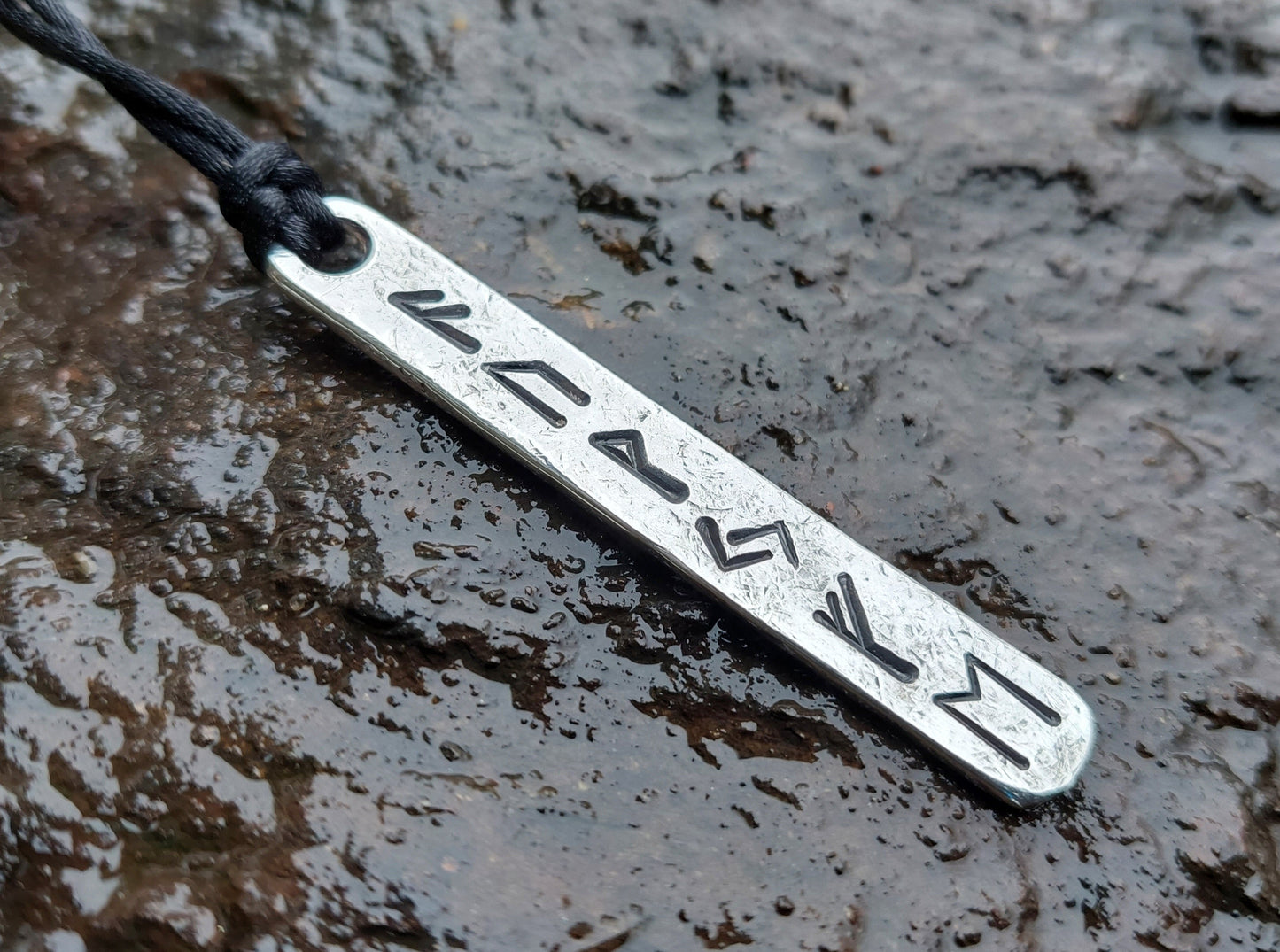 Luck Wealth money and Prosperity amulet pendant with runes formula. Silver rune amulet, Fehu. Roughly made, forged.