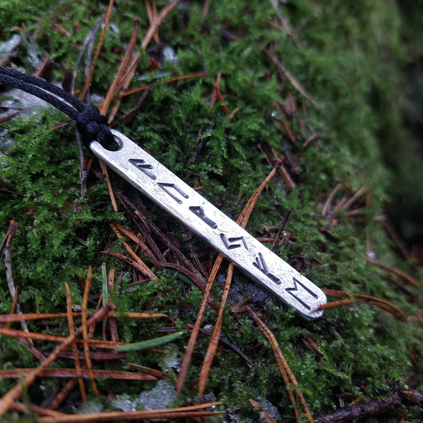 Luck Wealth money and Prosperity amulet pendant with runes formula. Silver rune amulet, Fehu. Roughly made, forged.