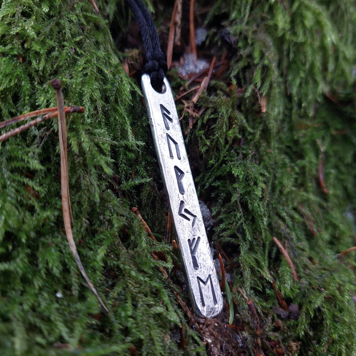 Luck Wealth money and Prosperity amulet pendant with runes formula. Silver rune amulet, Fehu. Roughly made, forged.