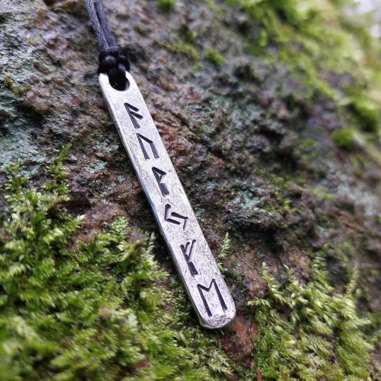 Luck Wealth money and Prosperity amulet pendant with runes formula. Silver rune amulet, Fehu. Roughly made, forged.