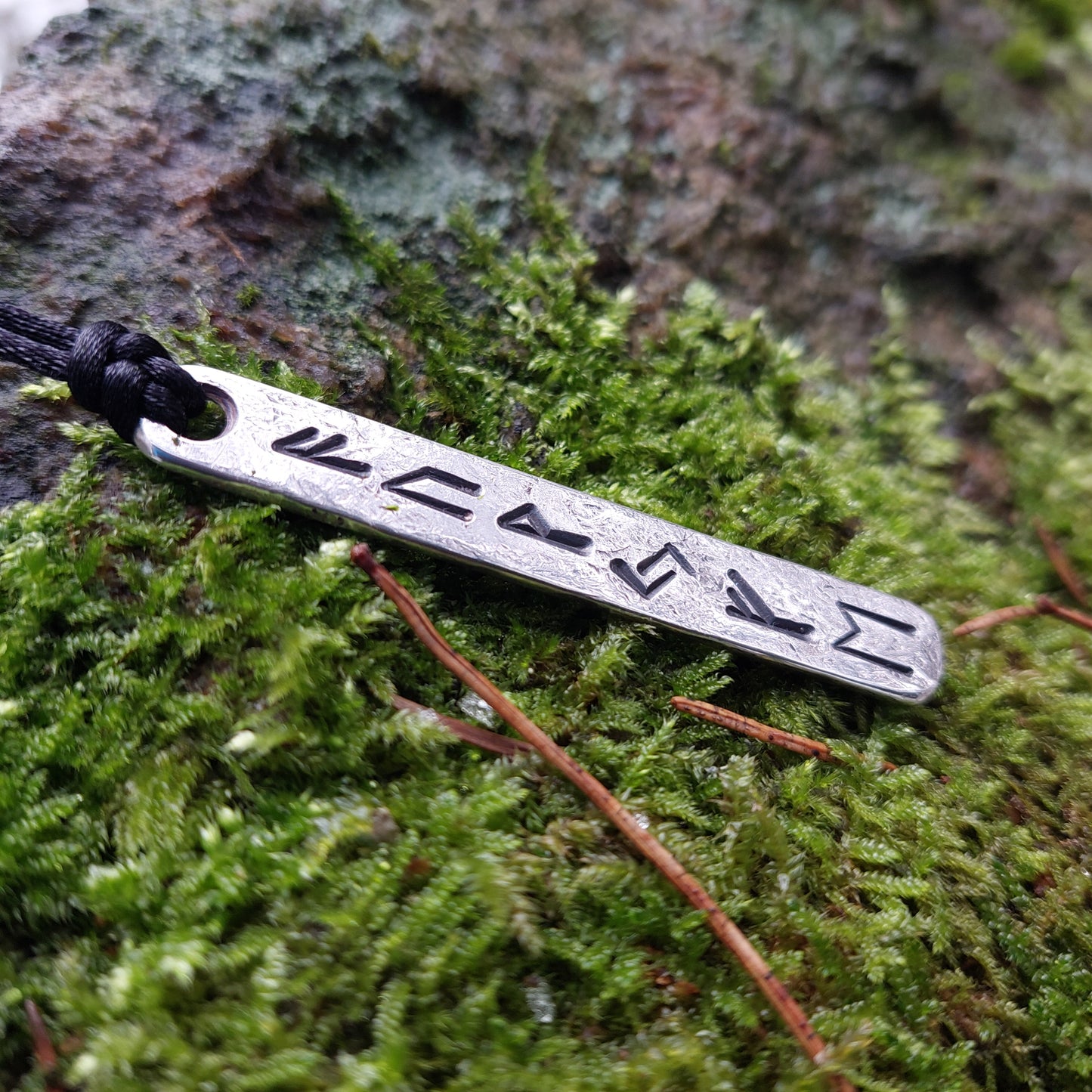 Luck Wealth money and Prosperity amulet pendant with runes formula. Silver rune amulet, Fehu. Roughly made, forged.