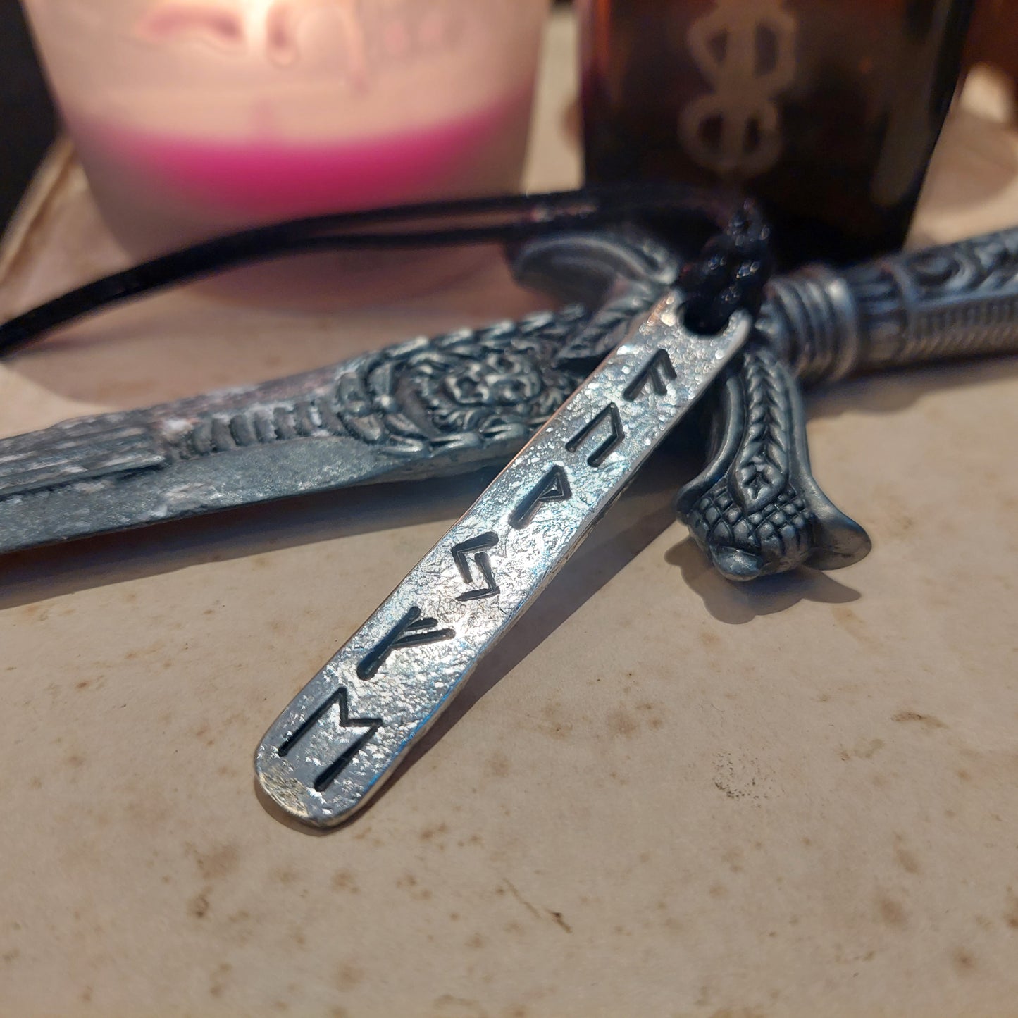 Luck Wealth money and Prosperity amulet pendant with runes formula. Silver rune amulet, Fehu. Roughly made, forged.