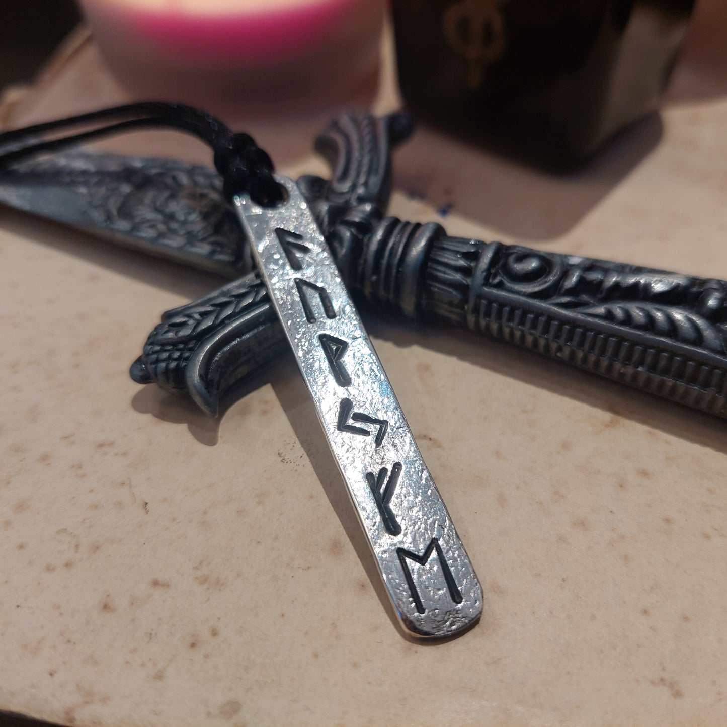 Luck Wealth money and Prosperity amulet pendant with runes formula. Silver rune amulet, Fehu. Roughly made, forged.