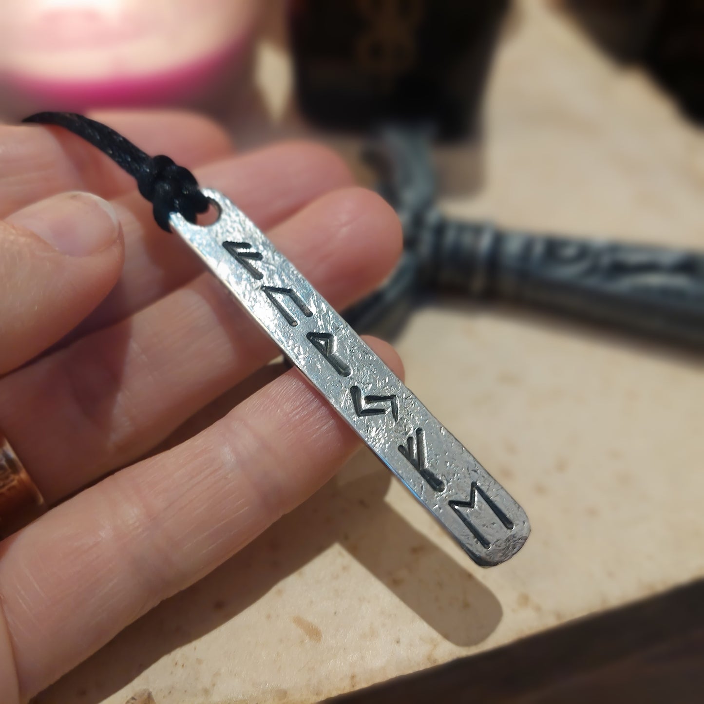 Luck Wealth money and Prosperity amulet pendant with runes formula. Silver rune amulet, Fehu. Roughly made, forged.