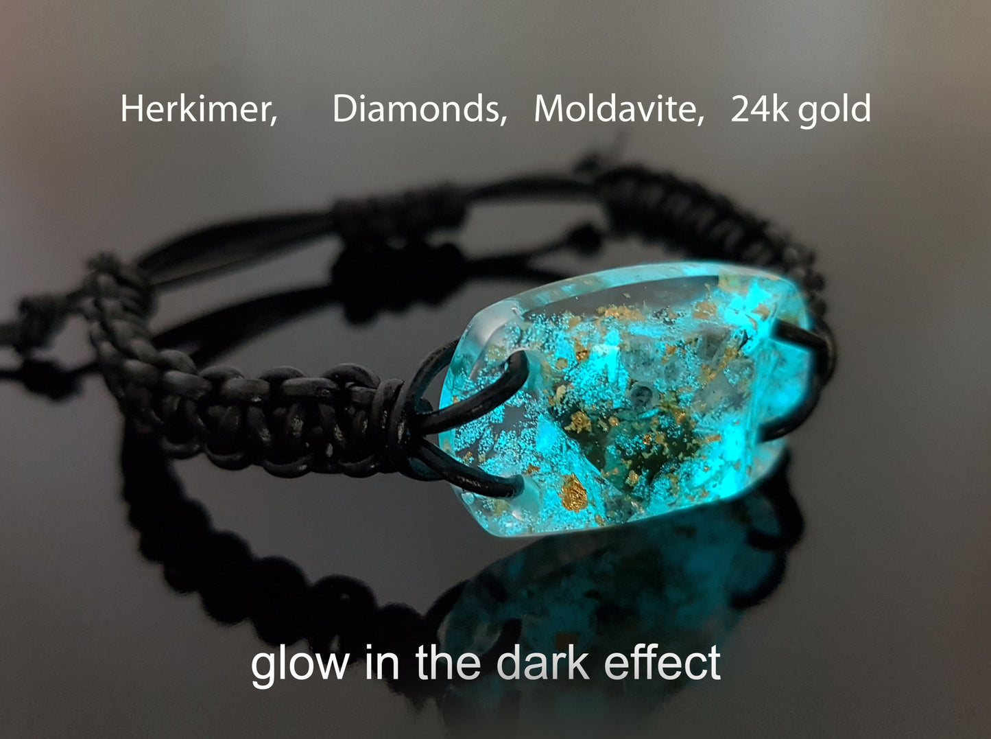 Orgonite bracelet, Most powerful, 24k gold, Diamonds, Herkimer, Moldavite, glow in the dark