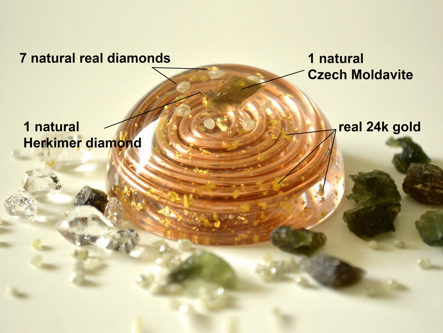 Pocket orgonite hemisphere dome with most powerful crystals combination and vortex