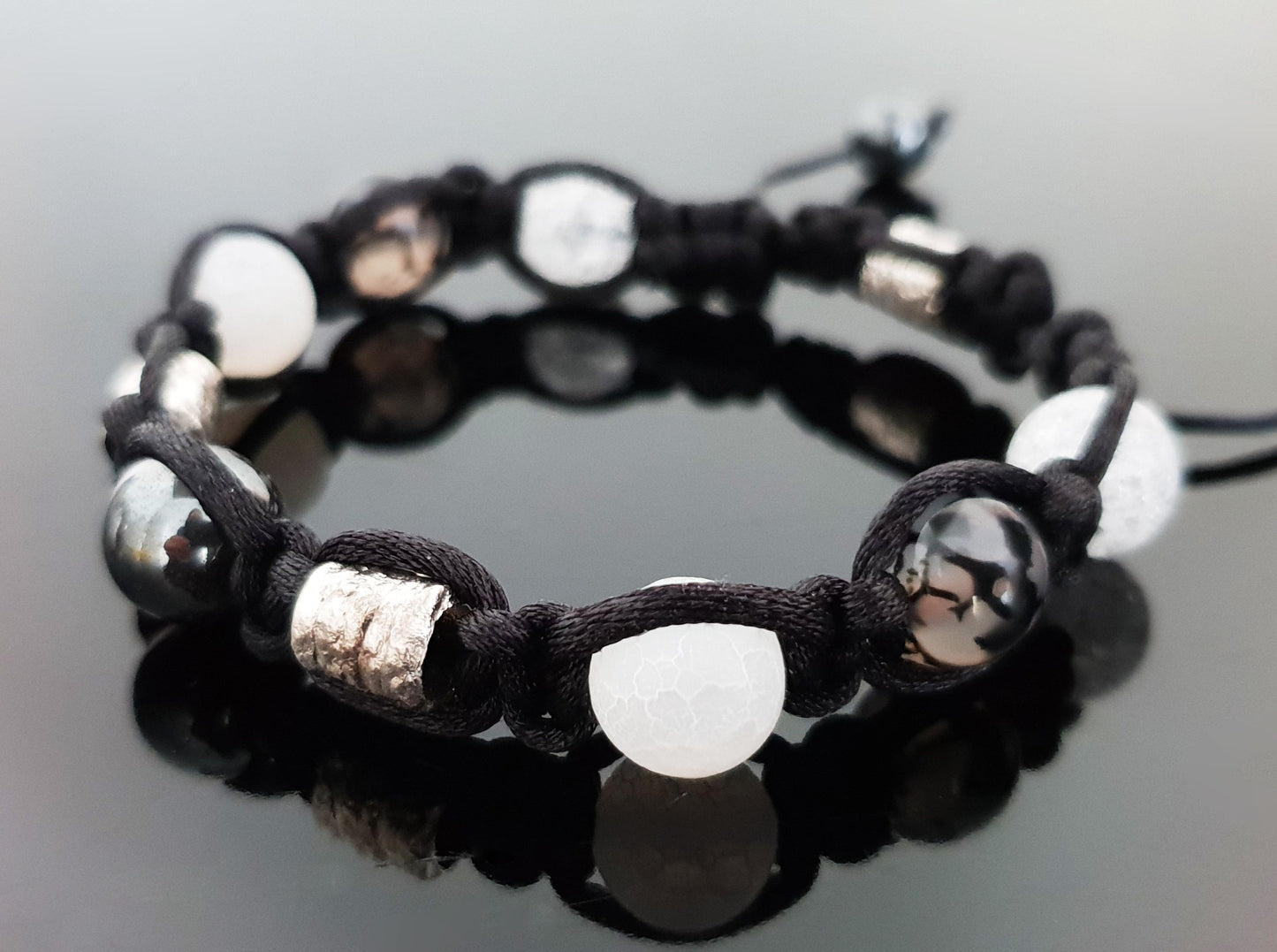 Shamballa bracelet, natural crystal beads, 99.9 pure silver beads, hematite, programmed amulet charm