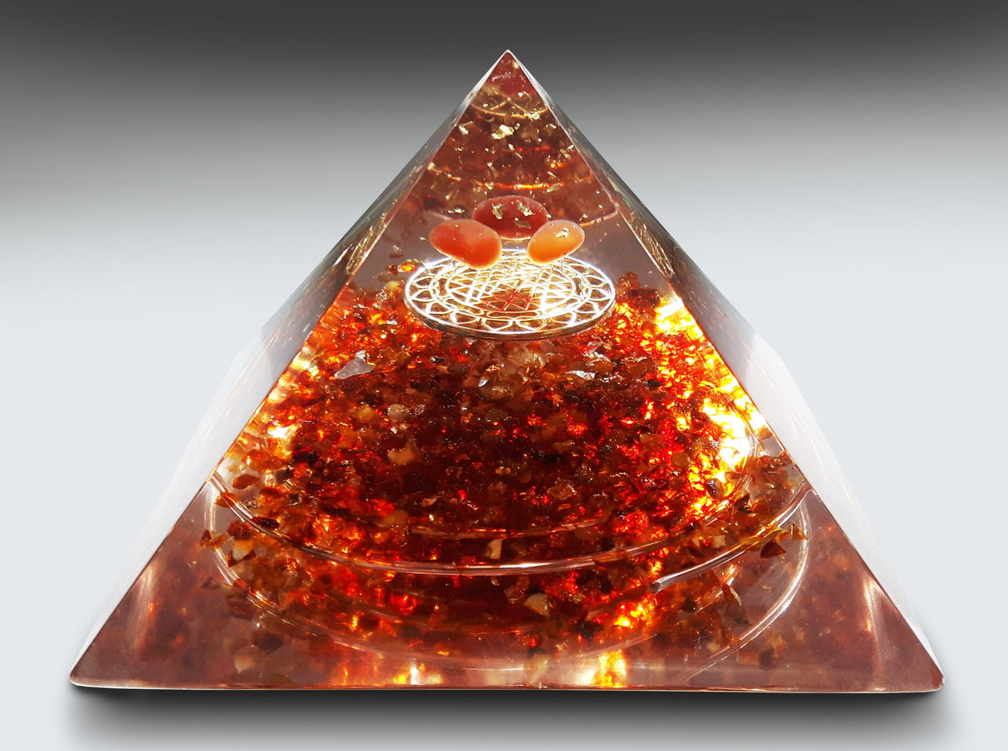 Orgonite pyramid / Baltic Amber Pyramid, carnelian, quartz, Sri Yantra