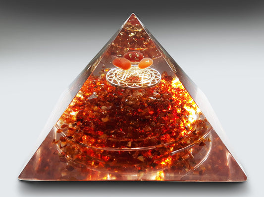 Orgonite pyramid / Baltic Amber Pyramid, carnelian, quartz, Sri Yantra