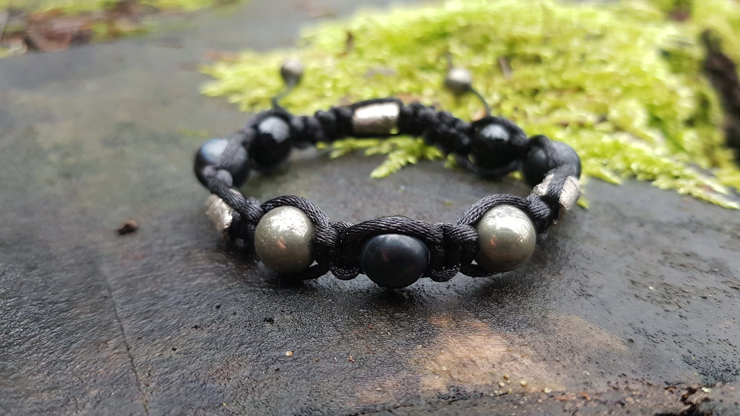Shamballa bracelet, black agate onyx, pyrite, 99.9 pure silver beads, programmed amulet, charm