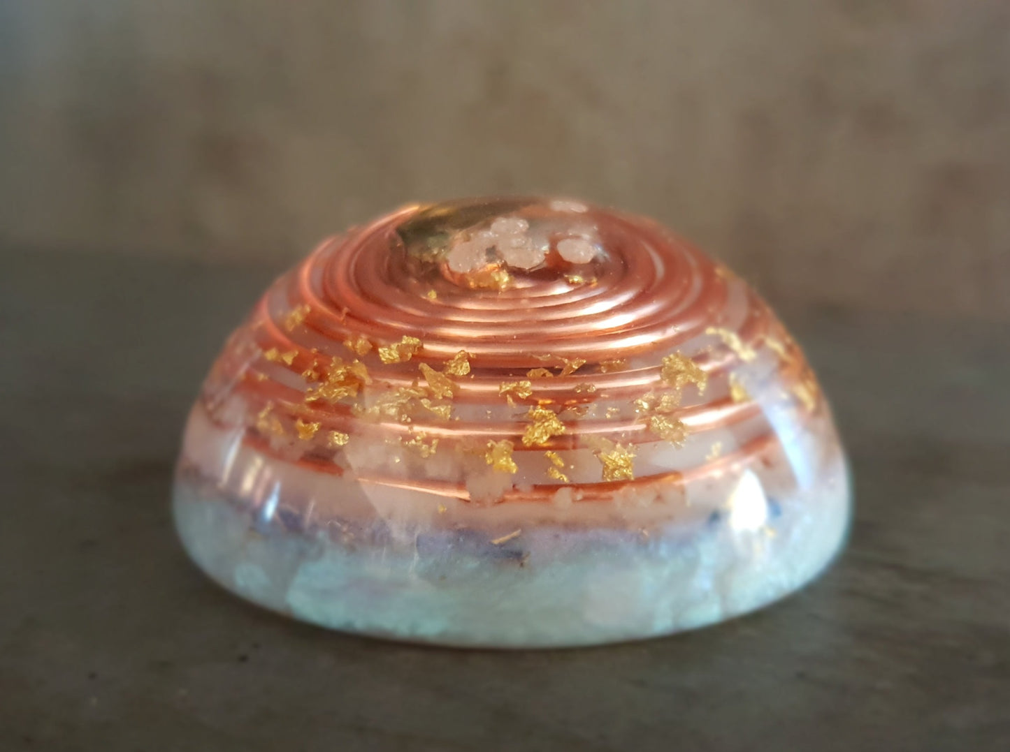 Orgonite dome, hemisphere with powerful crystals, moldavite, glow in the dark and vortex coil