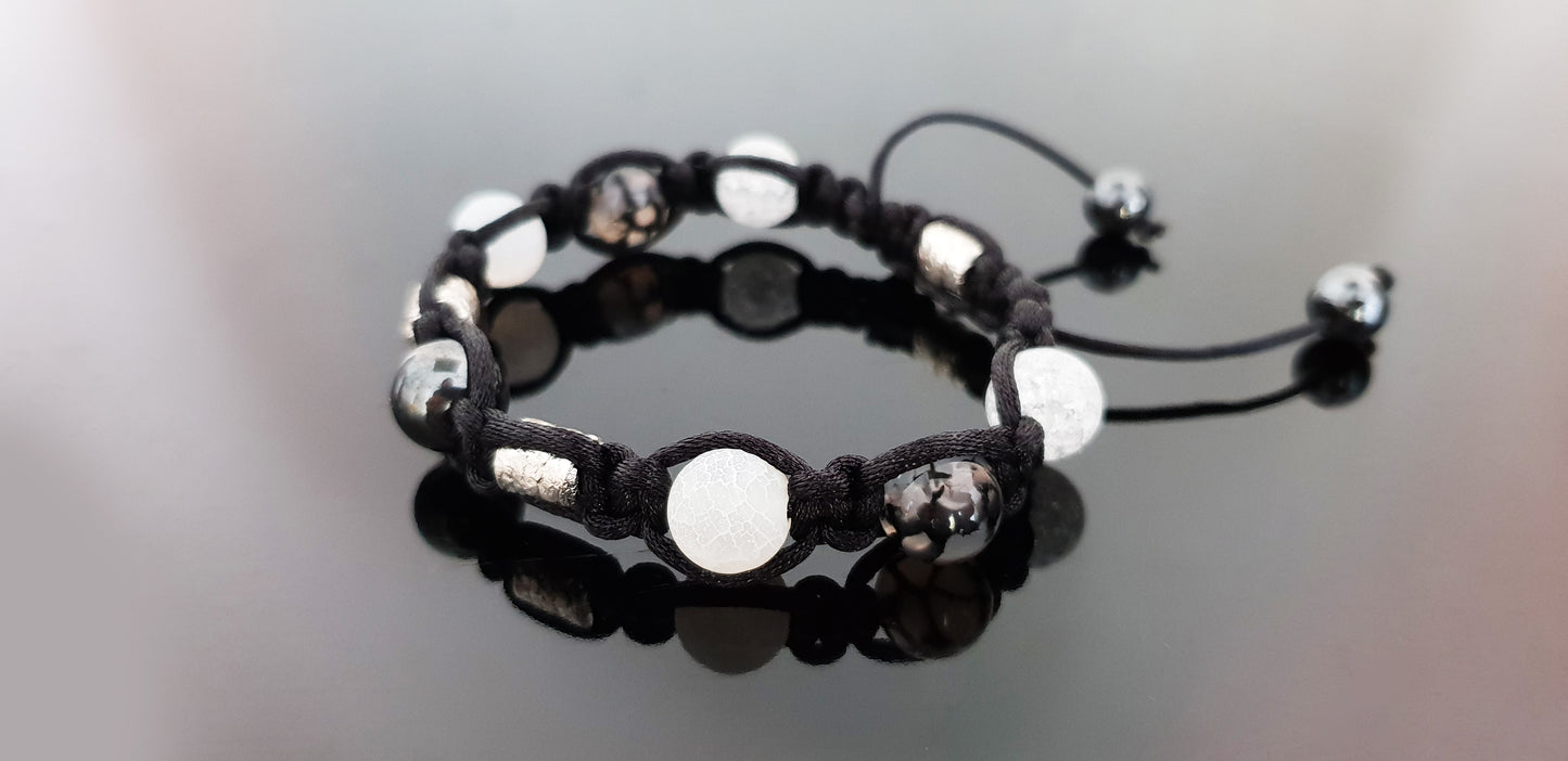 Shamballa bracelet, natural crystal beads, 99.9 pure silver beads, hematite, programmed amulet charm