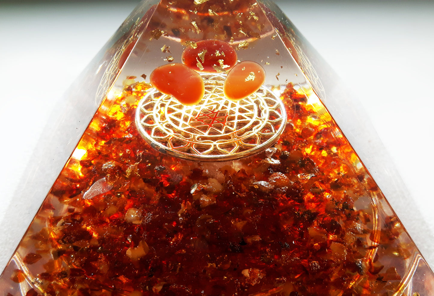 Orgonite pyramid / Baltic Amber Pyramid, carnelian, quartz, Sri Yantra