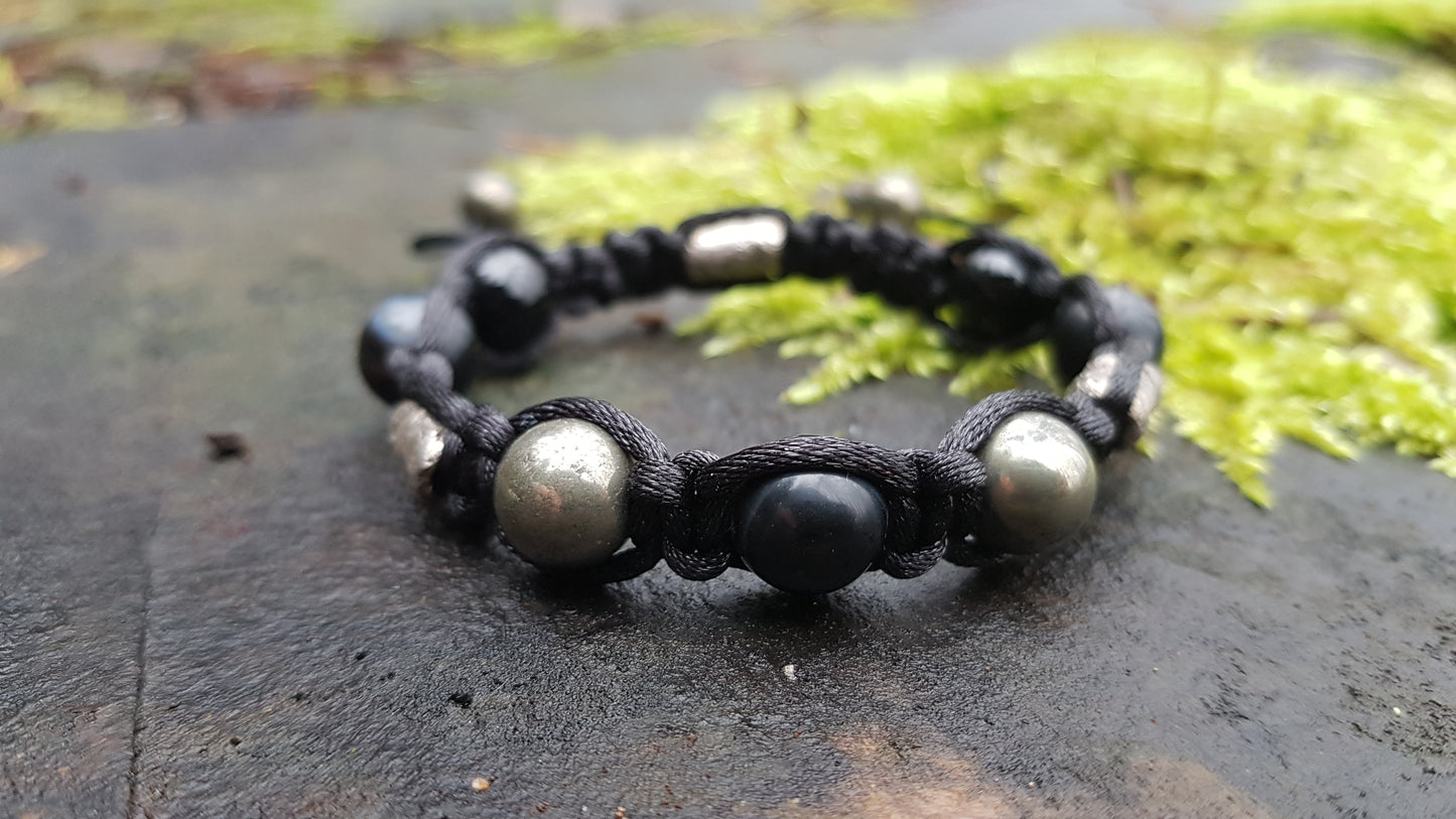 Shamballa bracelet, black agate onyx, pyrite, 99.9 pure silver beads, programmed amulet, charm