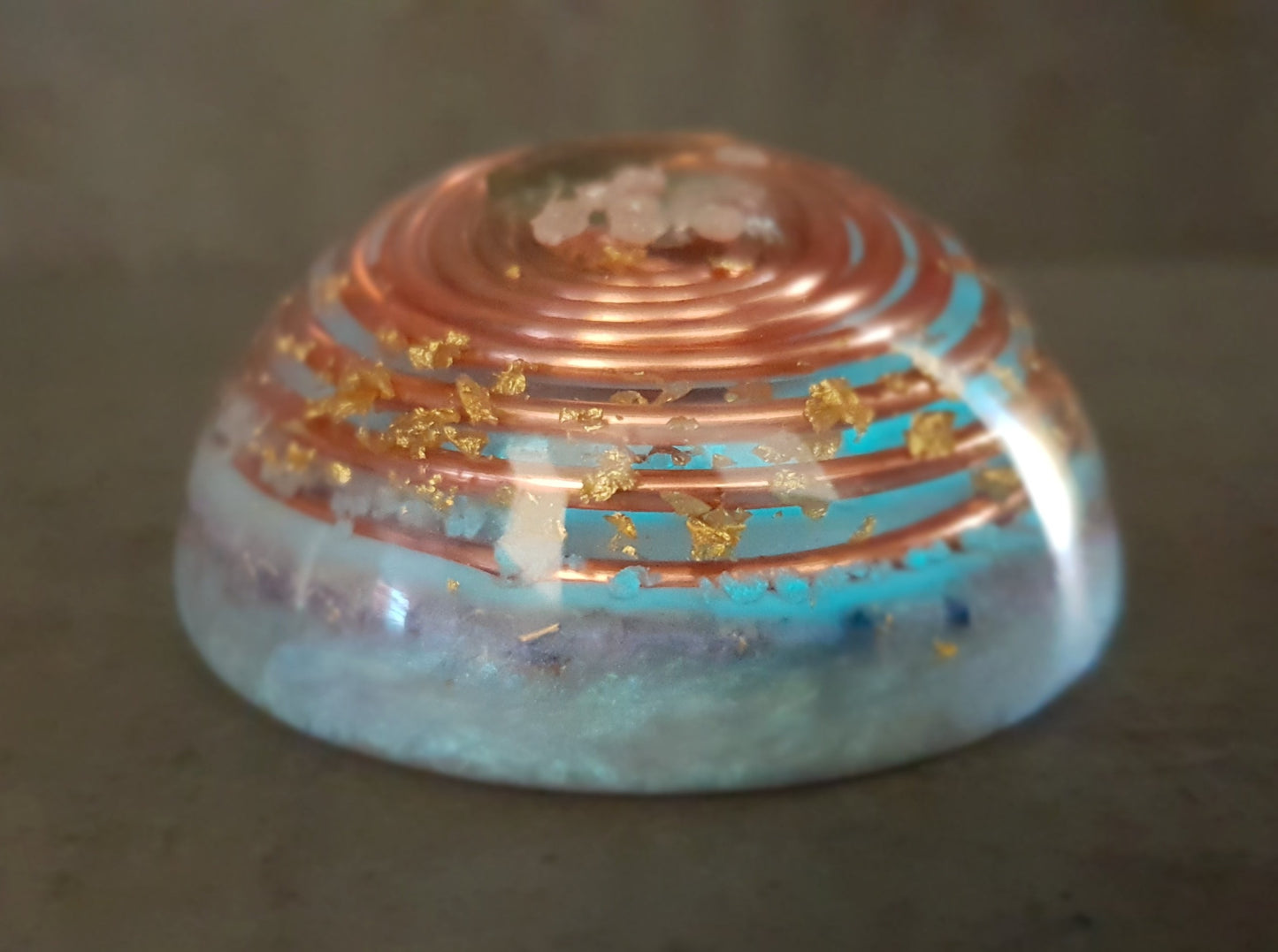 Orgonite dome, hemisphere with powerful crystals, moldavite, glow in the dark and vortex coil