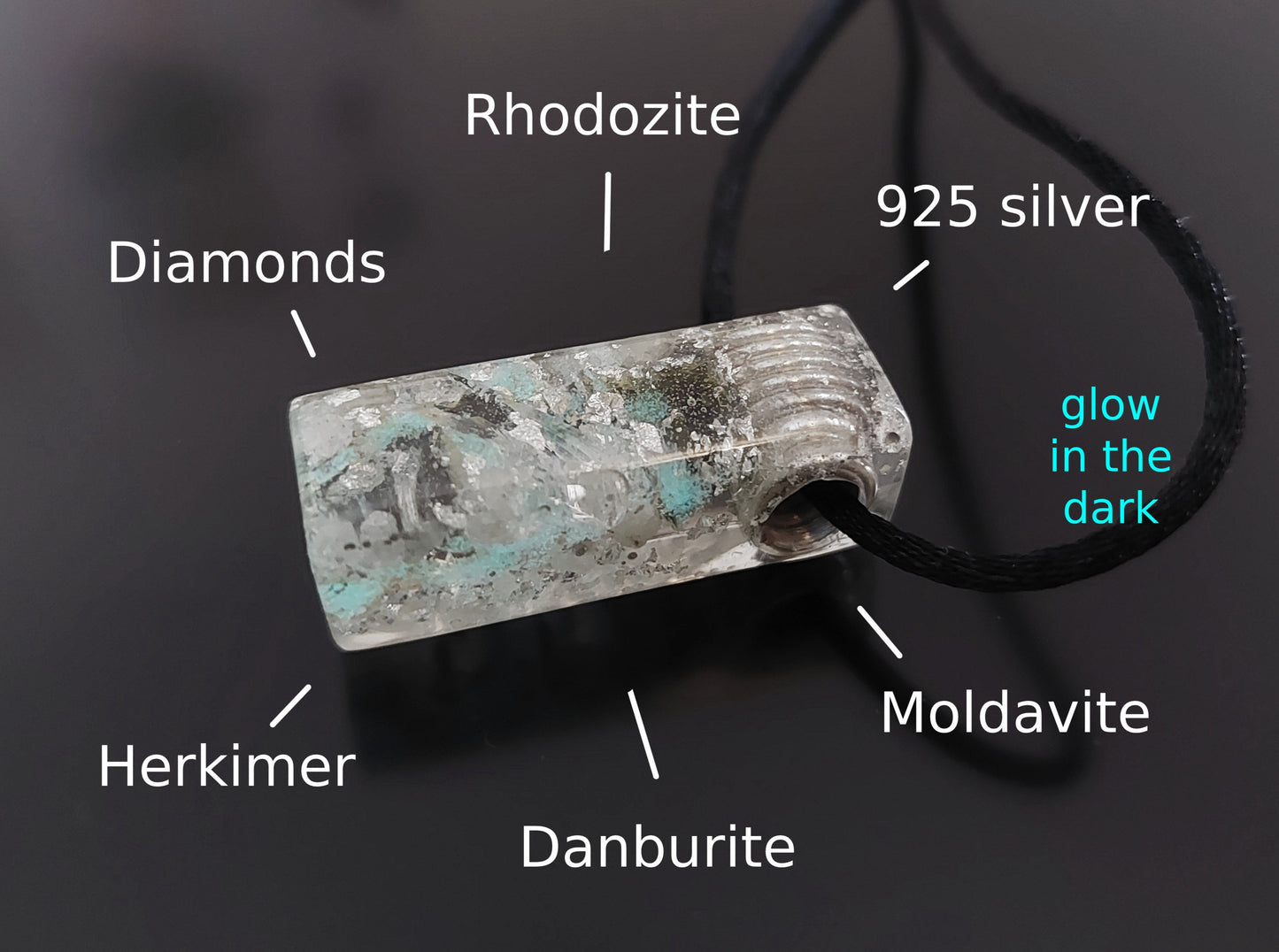 Orgonite orgone pendant, necklace - diamonds, Moldavite, Herkimer, Rhodozite, Danburite, sterling silver, high vibrations