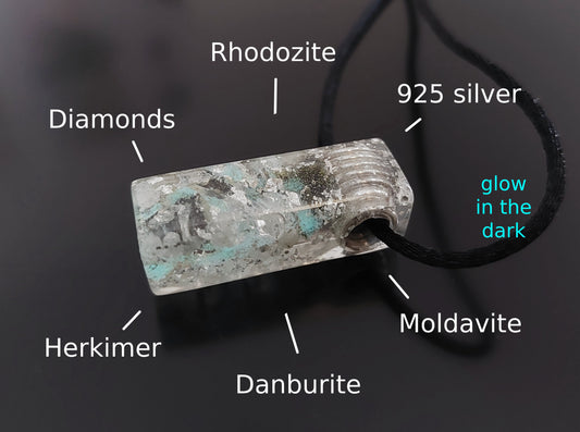 Orgonite orgone pendant, necklace - diamonds, Moldavite, Herkimer, Rhodozite, Danburite, sterling silver, high vibrations
