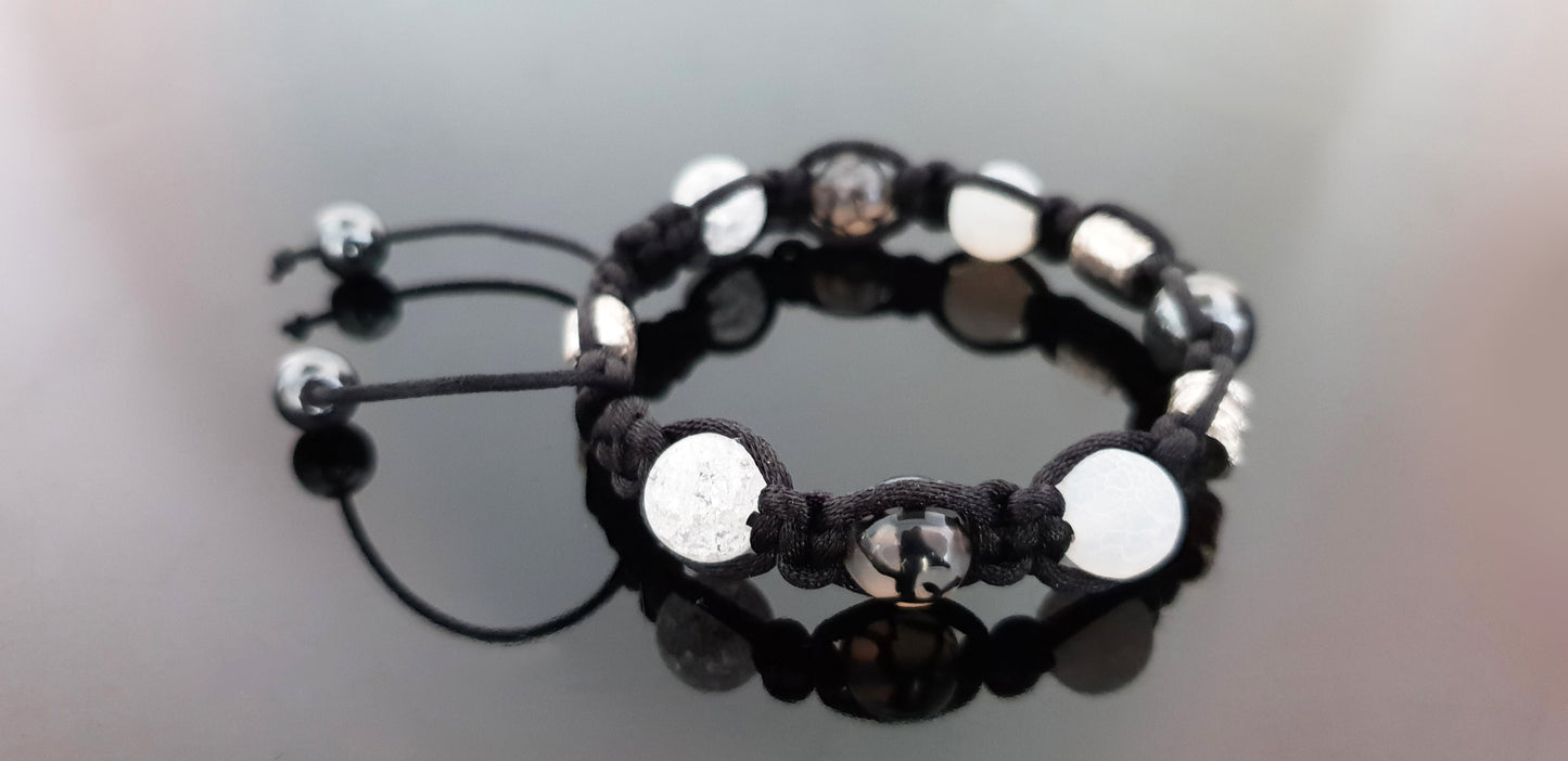 Shamballa bracelet, natural crystal beads, 99.9 pure silver beads, hematite, programmed amulet charm